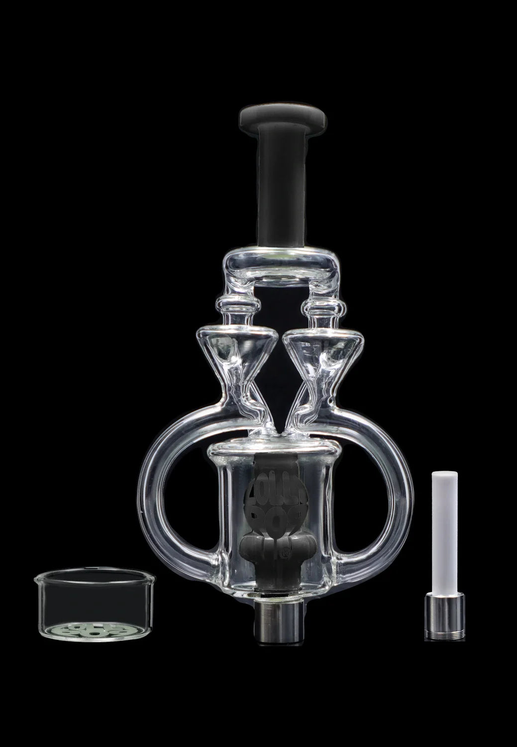 Centered front view of the Lollipop Brand Arm Recyclers Nectar Collector showing its clear glass dual-loop recycler and black mouthpiece against a black background.