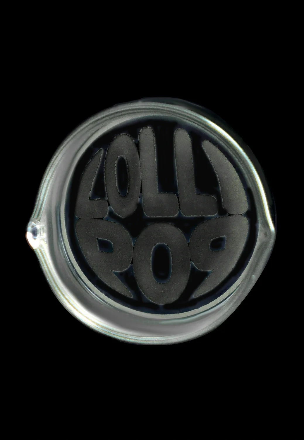 Top-down close-up of the round mouthpiece showing the embossed Lollipop Brand Arm Recyclers Nectar Collector logo inside a clear glass rim.