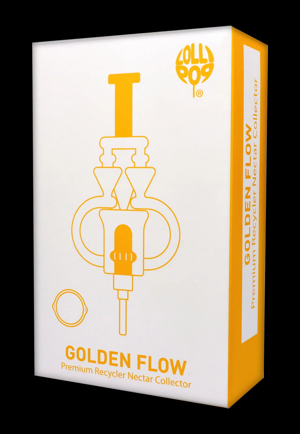 Angled view of the Lollipop Brand Arm Recyclers Nectar Collector box with yellow line art and logo on a white background.