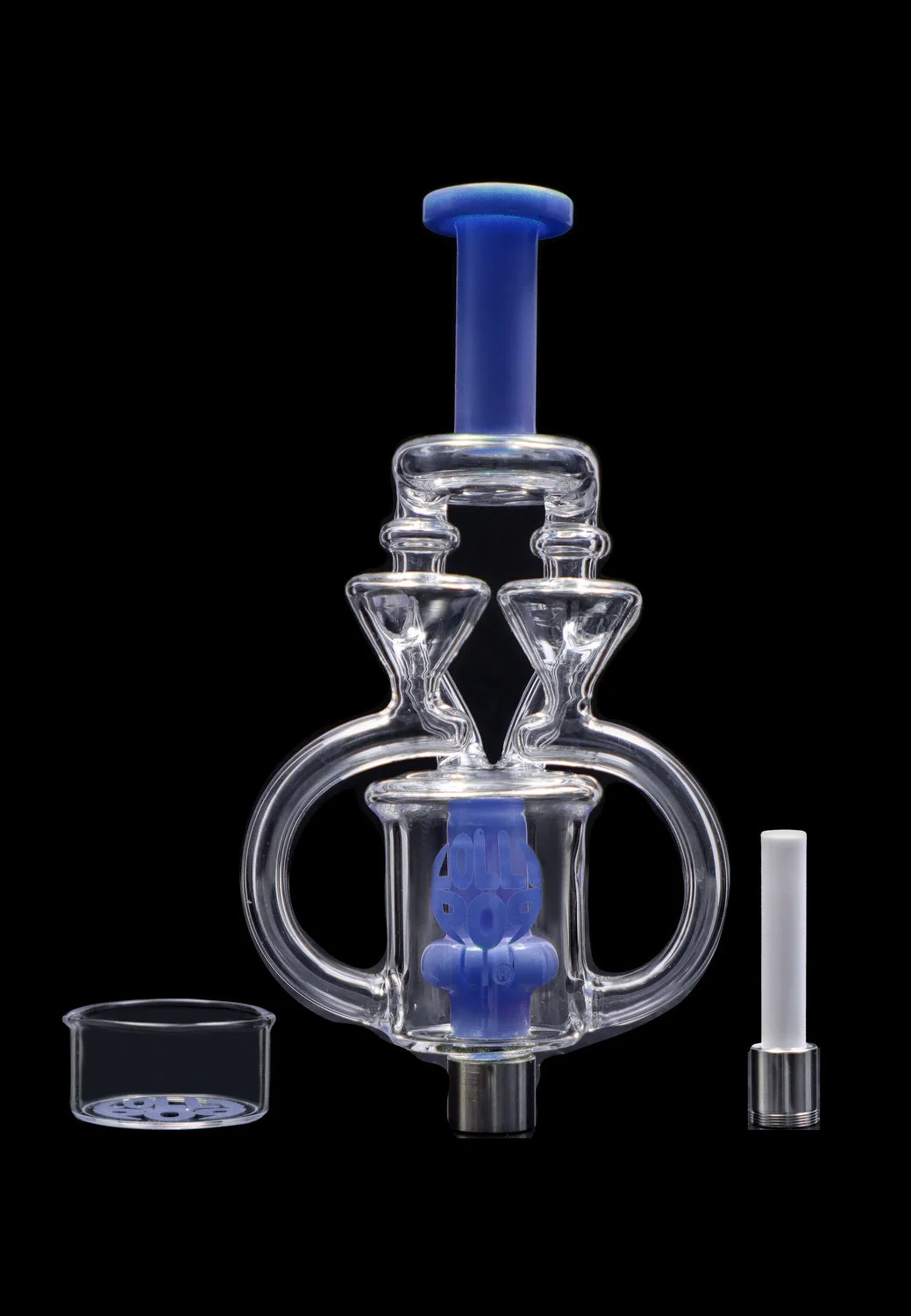 Centered front view of the Lollipop Brand Arm Recyclers Nectar Collector with blue inner stem and glass components on black.
