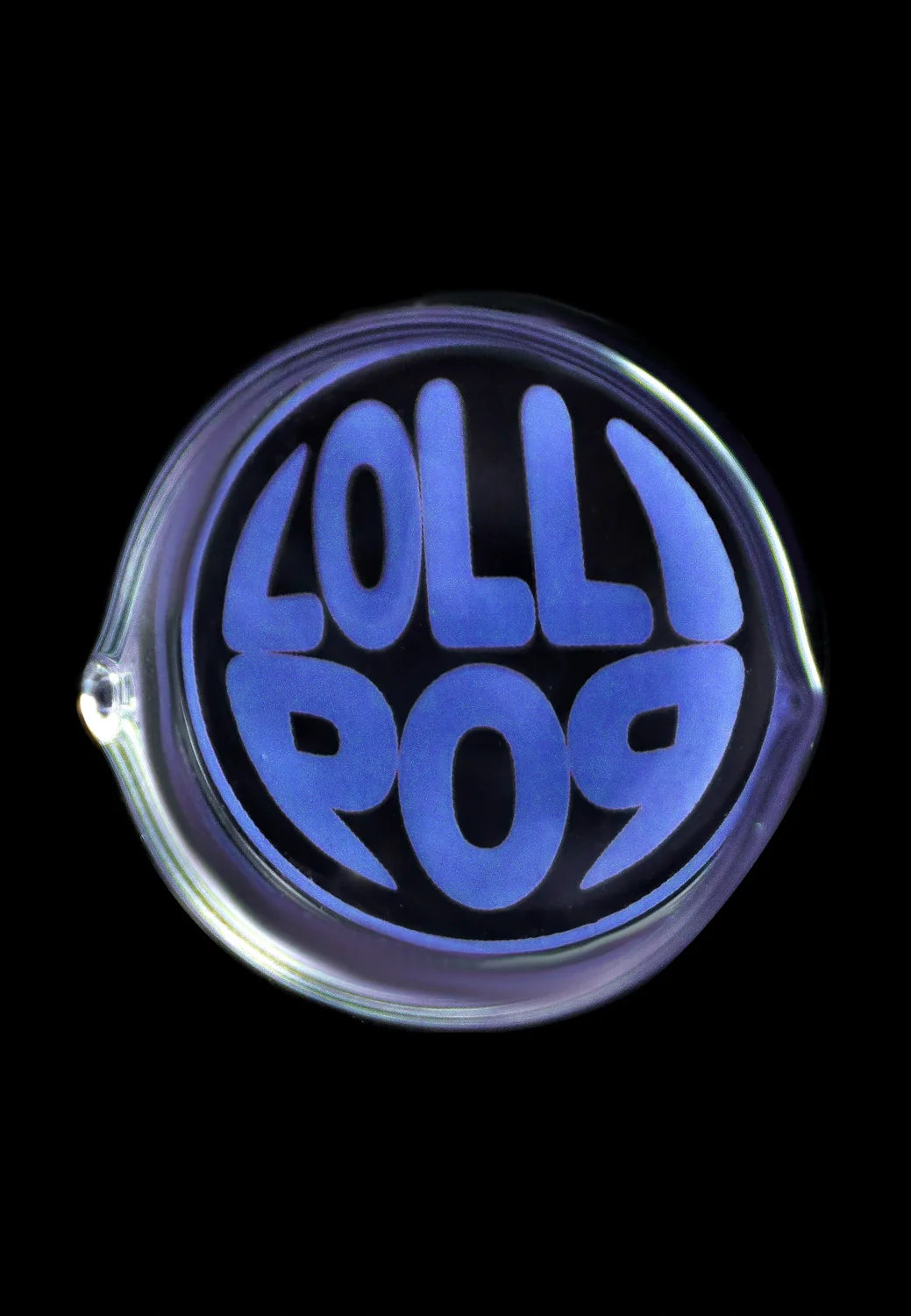Top-down close-up of a circular piece bearing bold blue lettering, showing the Lollipop Brand Arm Recyclers Nectar Collector logo on a glossy black background.