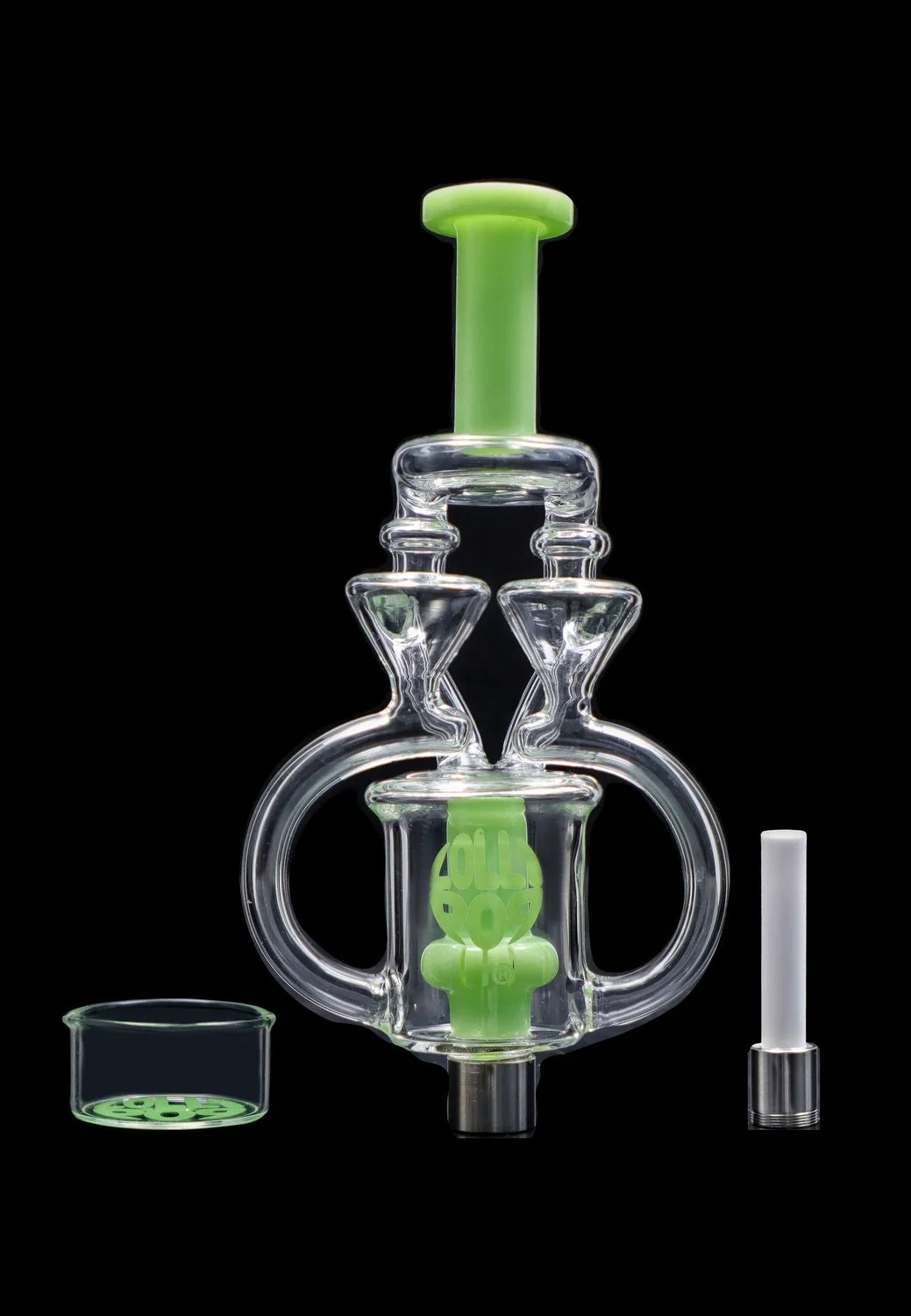 Centered front view of the Lollipop Brand Arm Recyclers Nectar Collector showing clear glass loops, a neon green mouthpiece and internal percolator on a black background