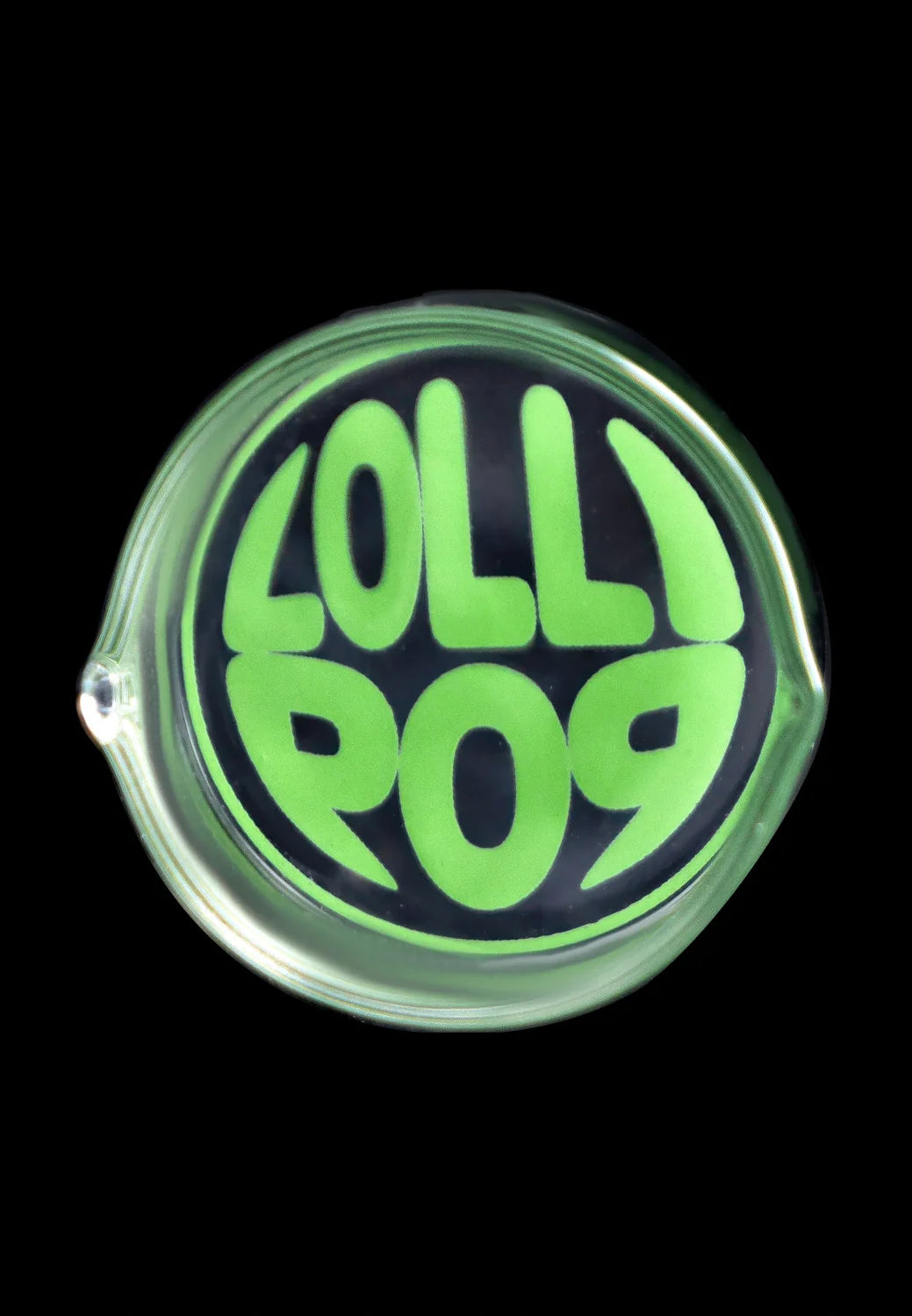 Top-down view of a round glass piece with a bright green "LOLLI POG" logo on black background, Lollipop Brand Arm Recyclers Nectar Collector.