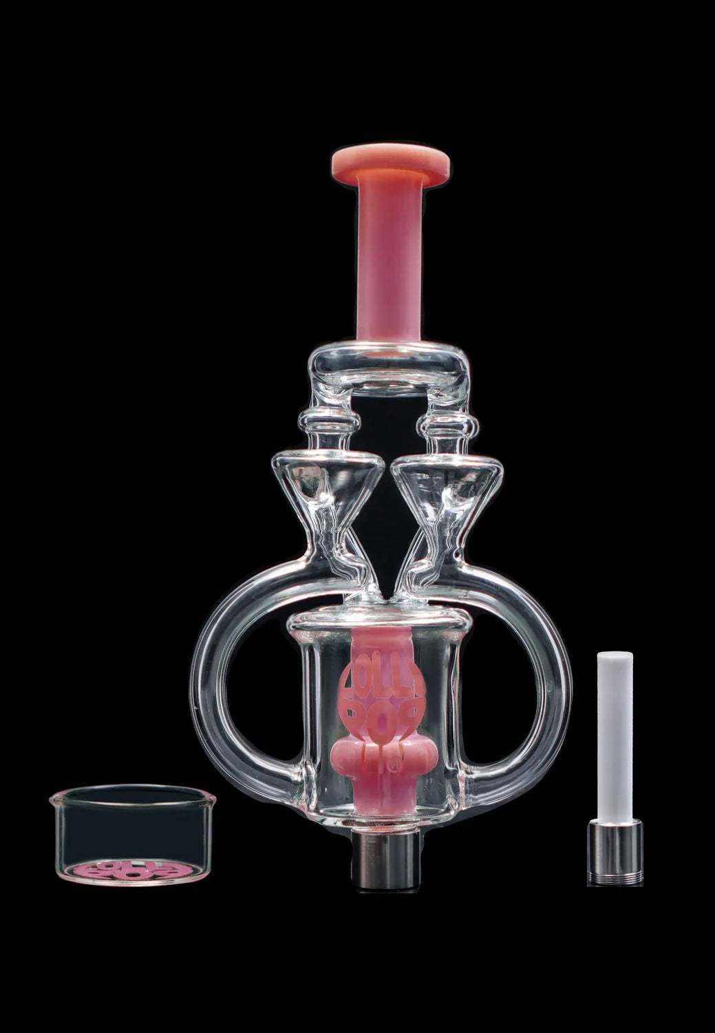 Centered front view of the Lollipop Brand Arm Recyclers Nectar Collector showing clear glass loops and pink mouthpiece and inner percolator against a black background