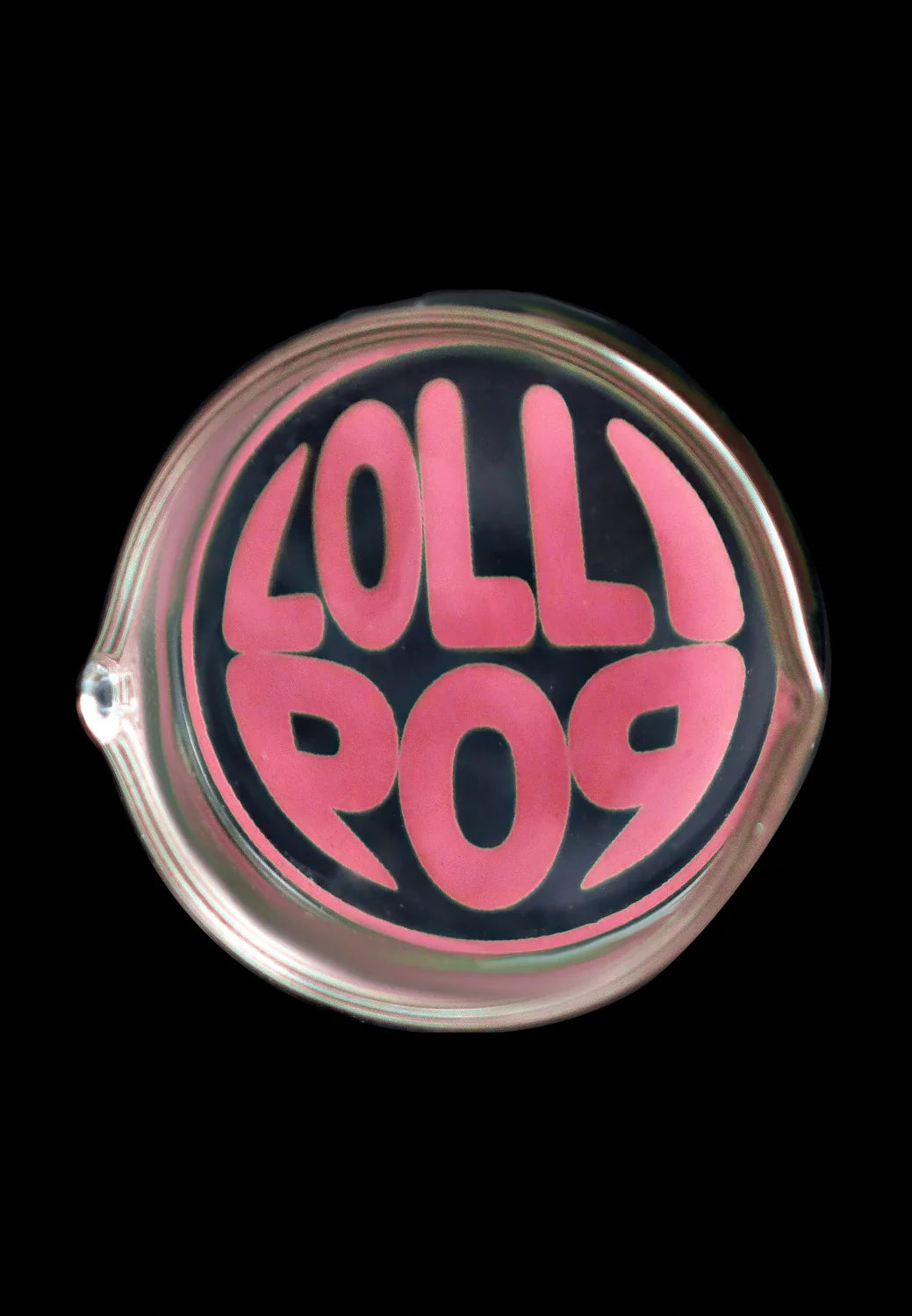 Top-down view of a round glass piece featuring bold pink "LOLLIPOP" lettering, labeled as the Lollipop Brand Arm Recyclers Nectar Collector.