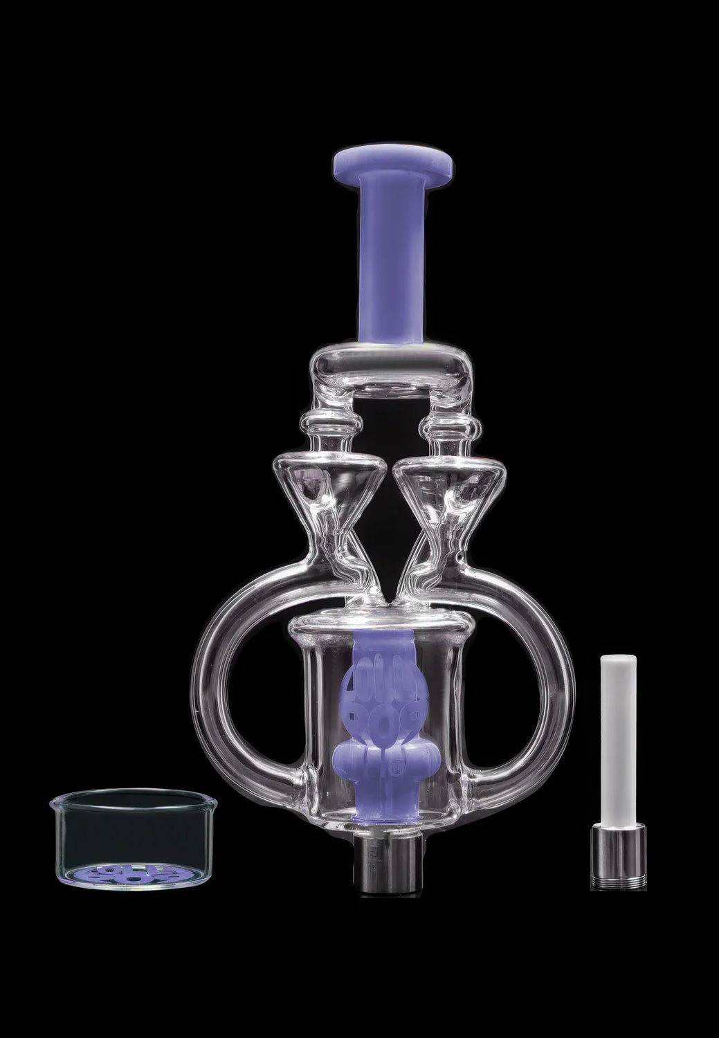 Center-frontal view of the Lollipop Brand Arm Recyclers Nectar Collector showing clear glass loops and a purple central tube against black.