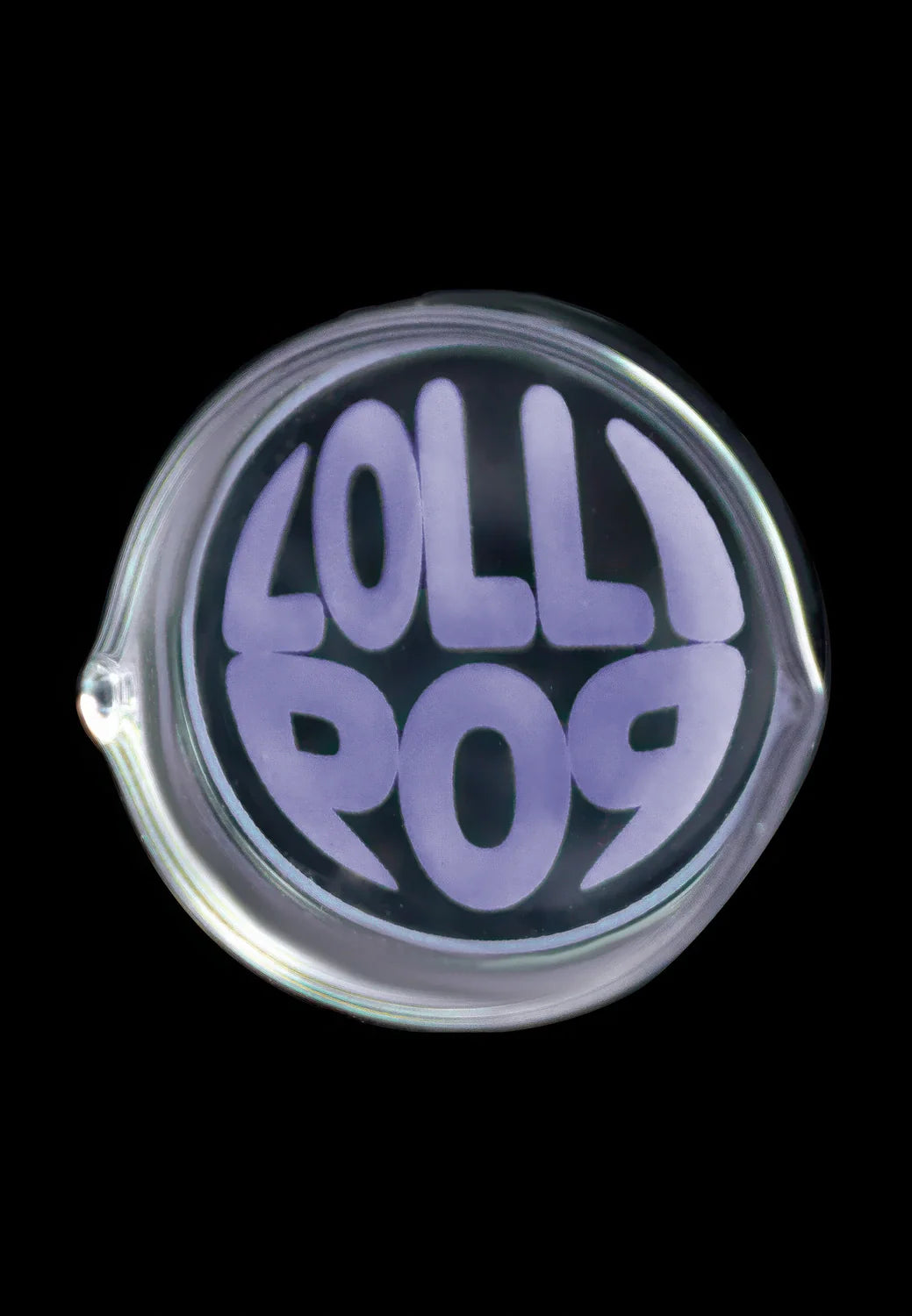 Top-down view of the Lollipop Brand Arm Recyclers Nectar Collector showing a circular glass top with bold lavender "LOLLIPOP" lettering against a black background.