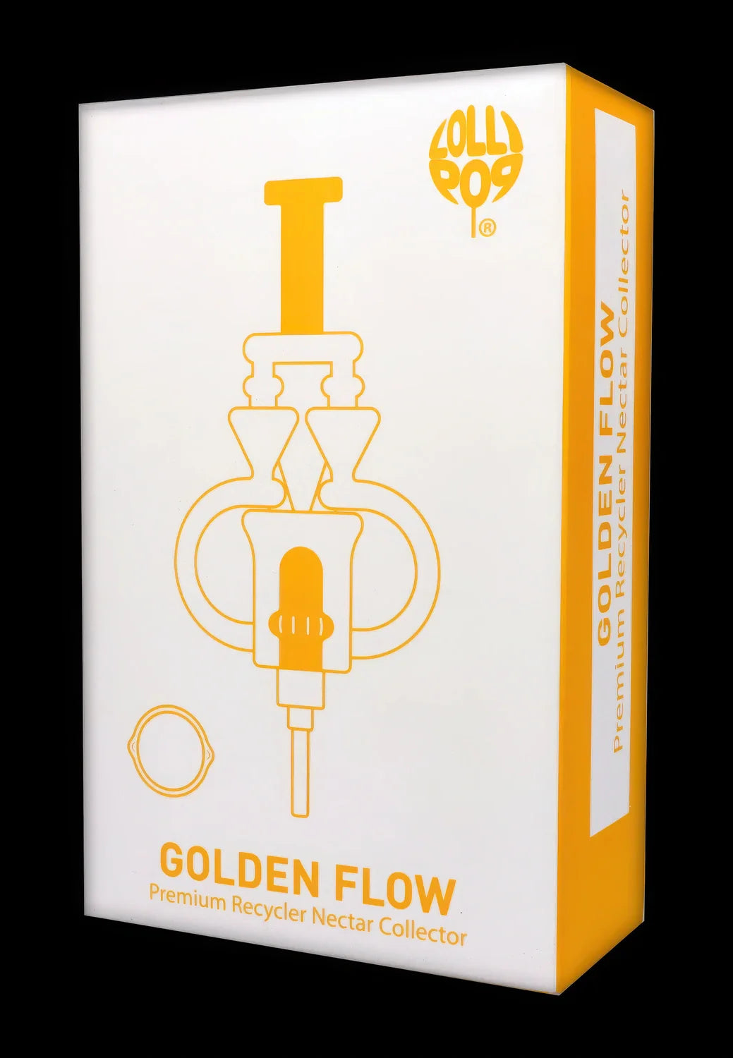 Three-quarter view of the Lollipop Brand Arm Recyclers Nectar Collector retail box with yellow line art and "GOLDEN FLOW" text on a white panel.