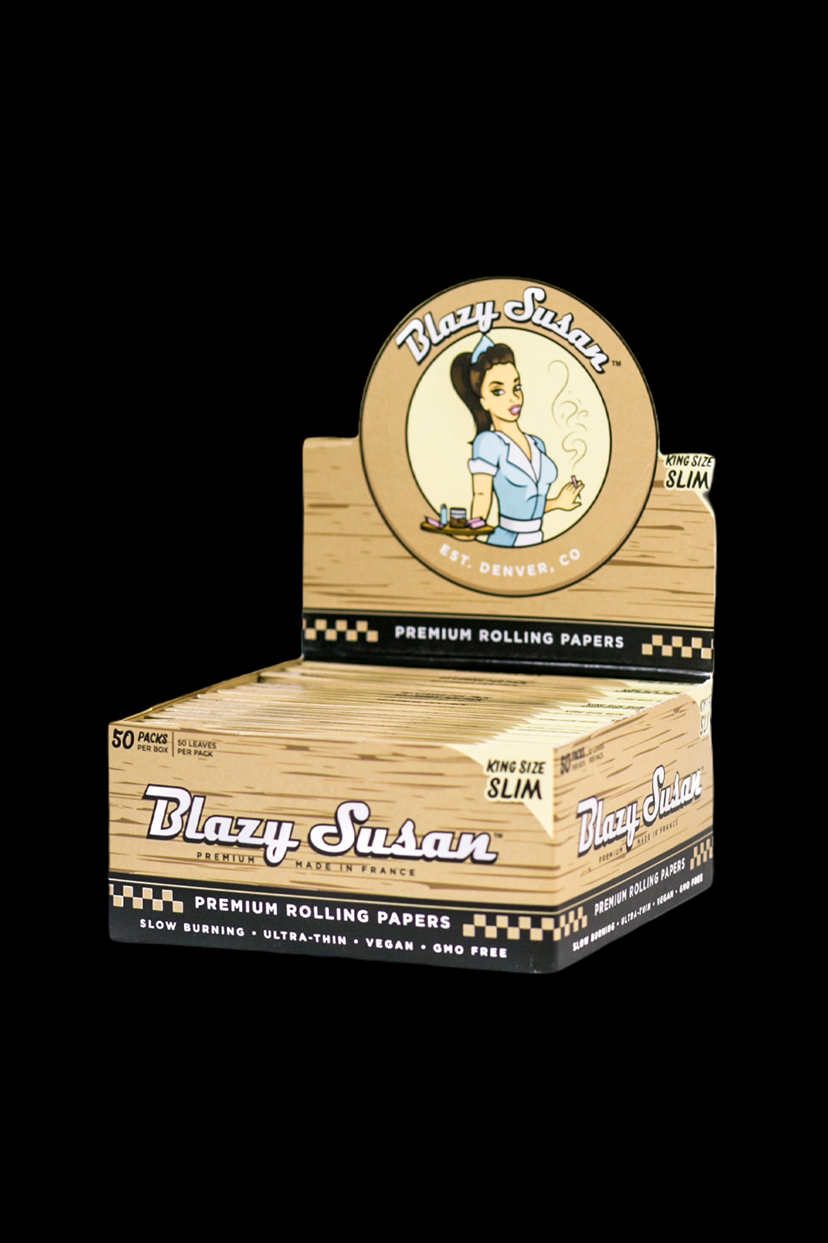 Box of Blazy Susan premium rolling papers with vintage-style branding. <start_of_image>