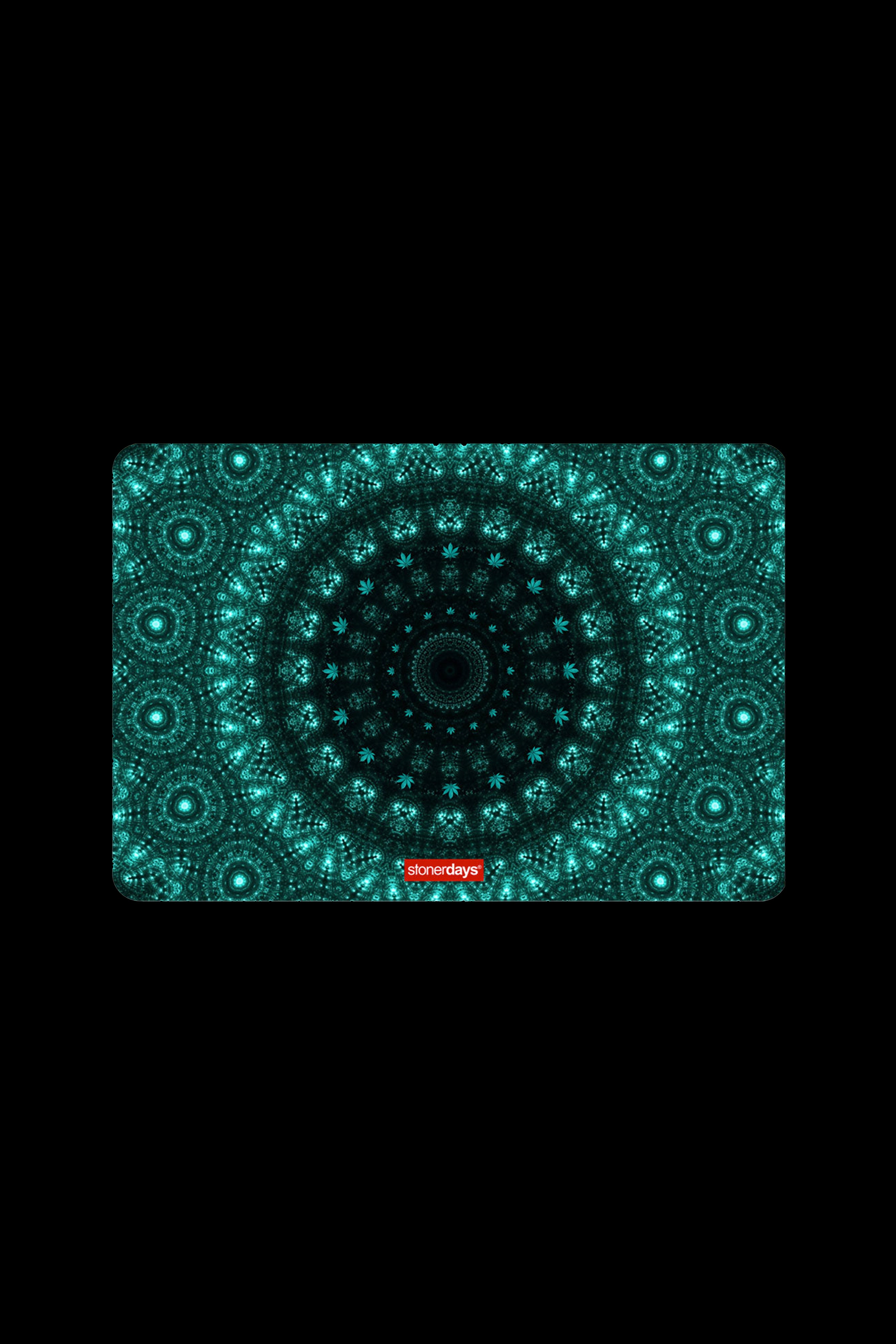 Intricate teal fractal pattern resembling cannabis leaves, branded with “stonerdays”.