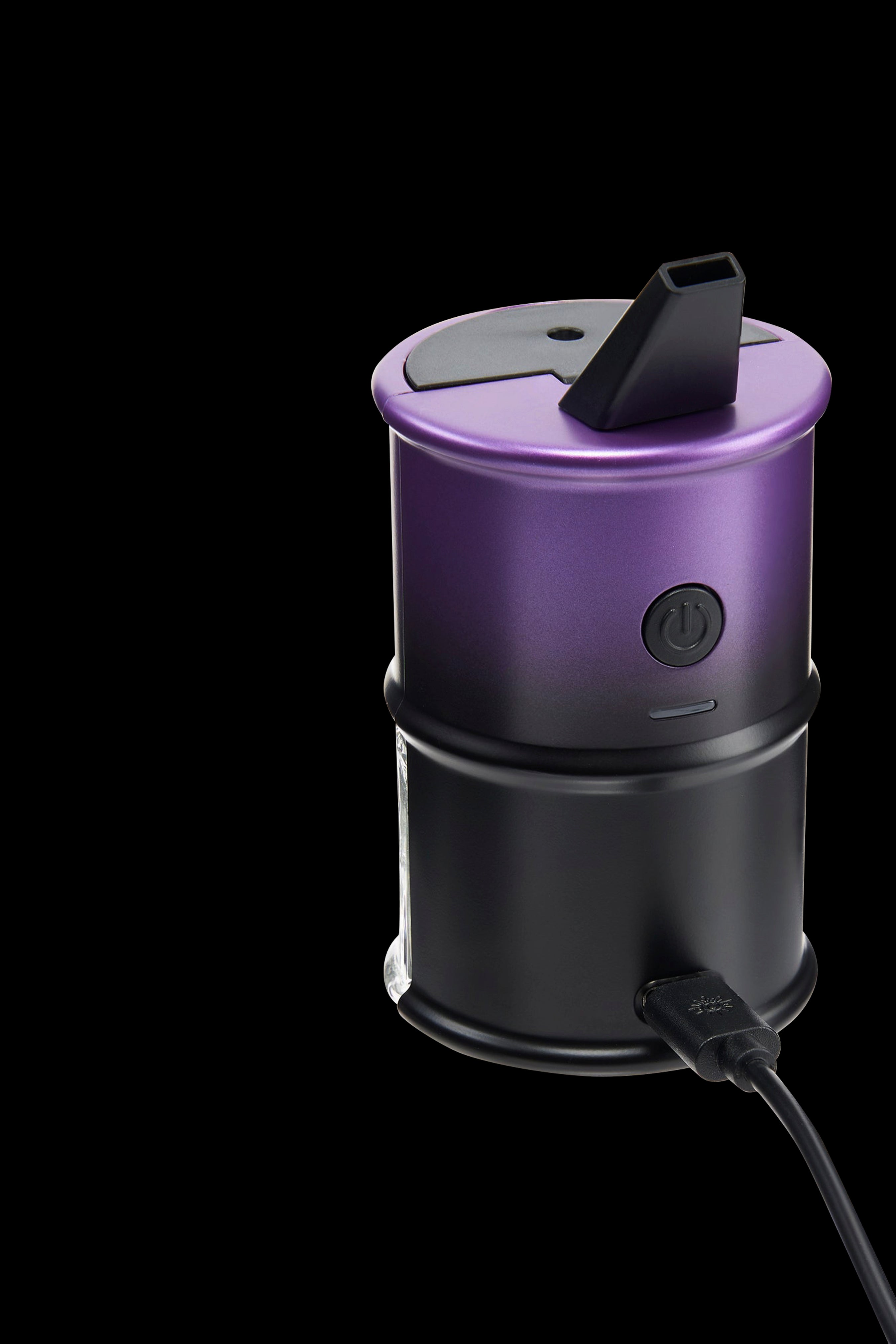 Purple cannabis vaporizer with a power button and attached mouthpiece, isolated on a black background.
