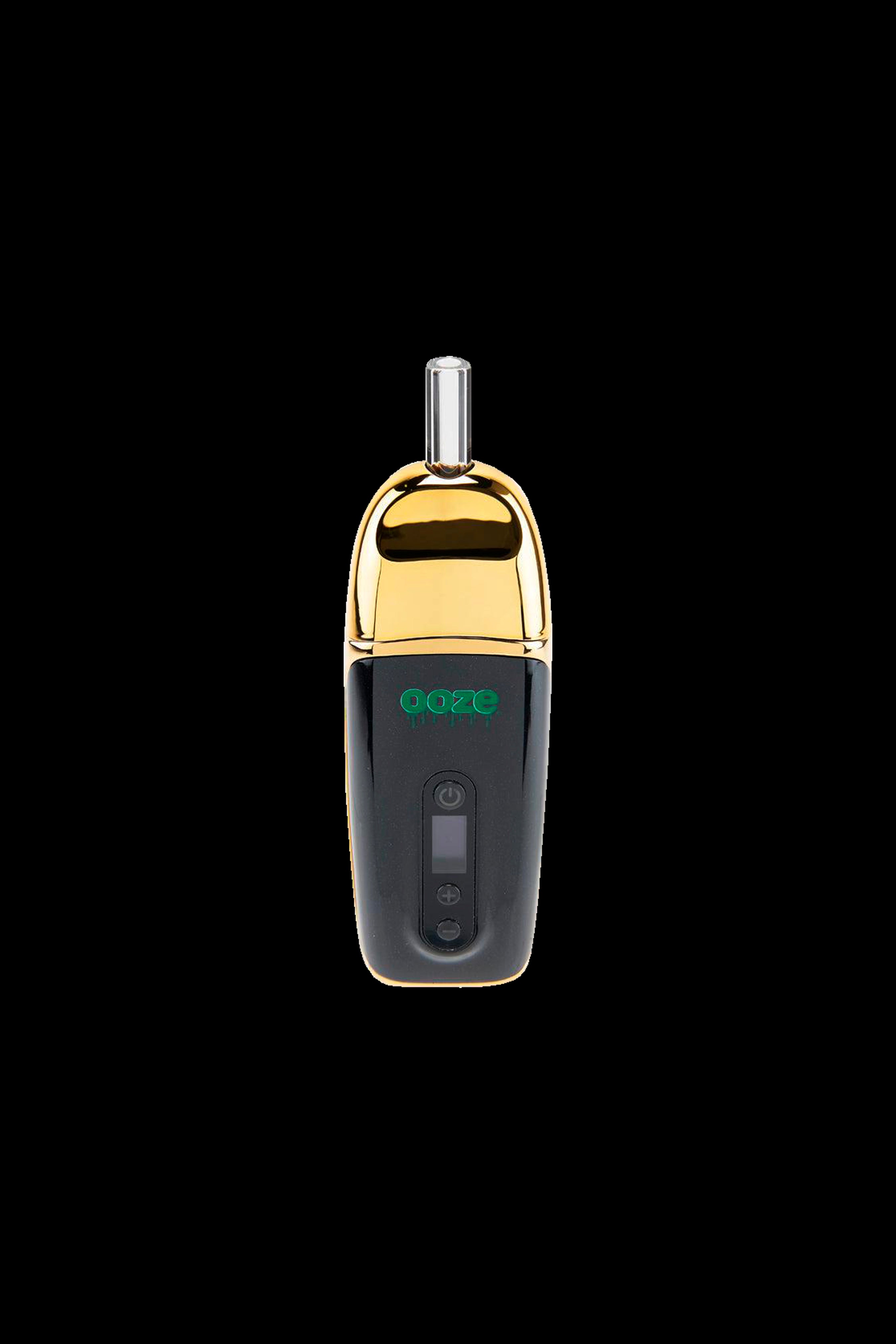 Front view of the Ooze Flare Dry Herb Vaporizer, showcasing its sleek, gold metallic finish and compact, pen-like design.