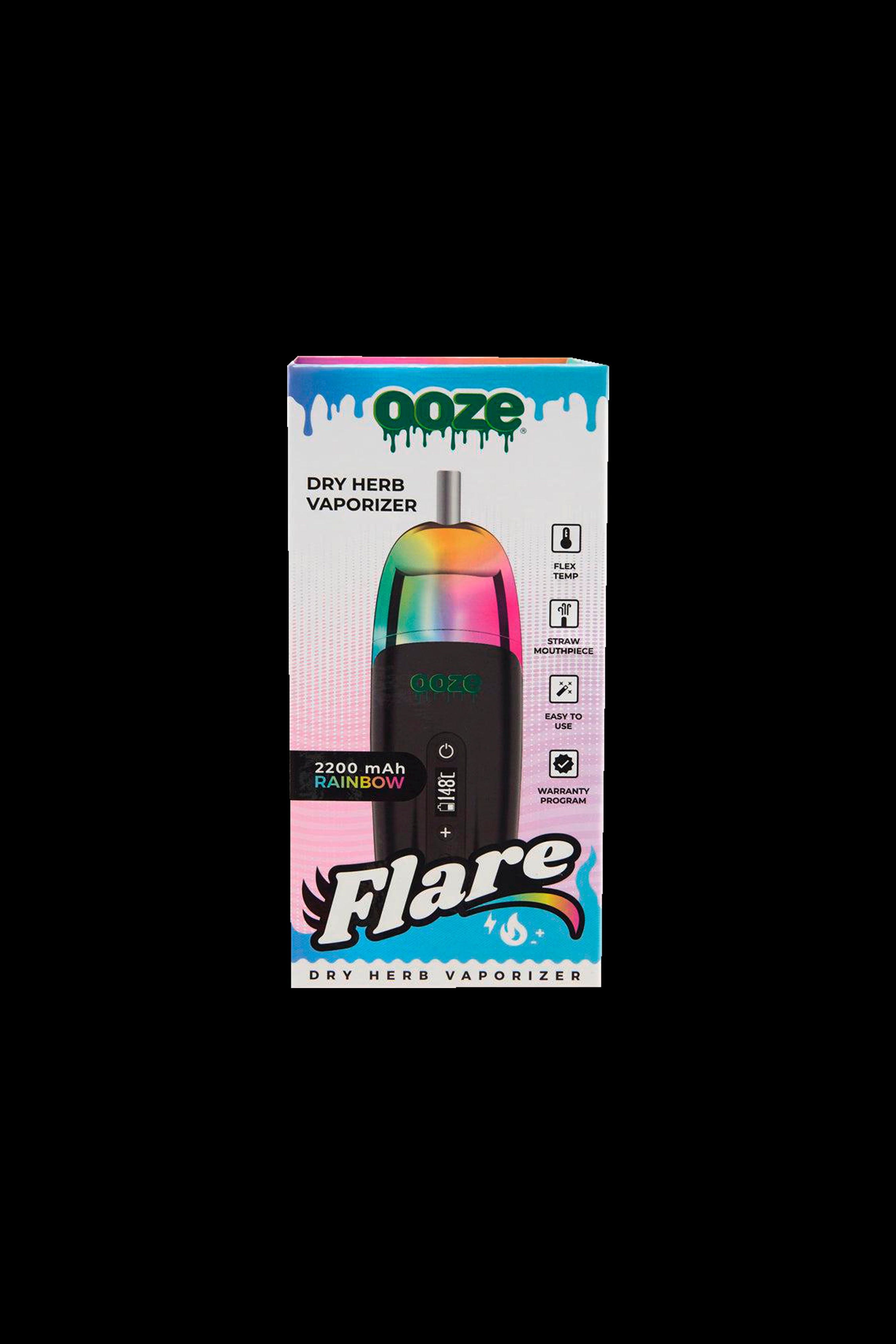 A product shot of the “Flare” dry herb vaporizer by OOZE, featuring a pink and iridescent design with packaging highlighting features like adjustable temperature and a straw mouthpiece.