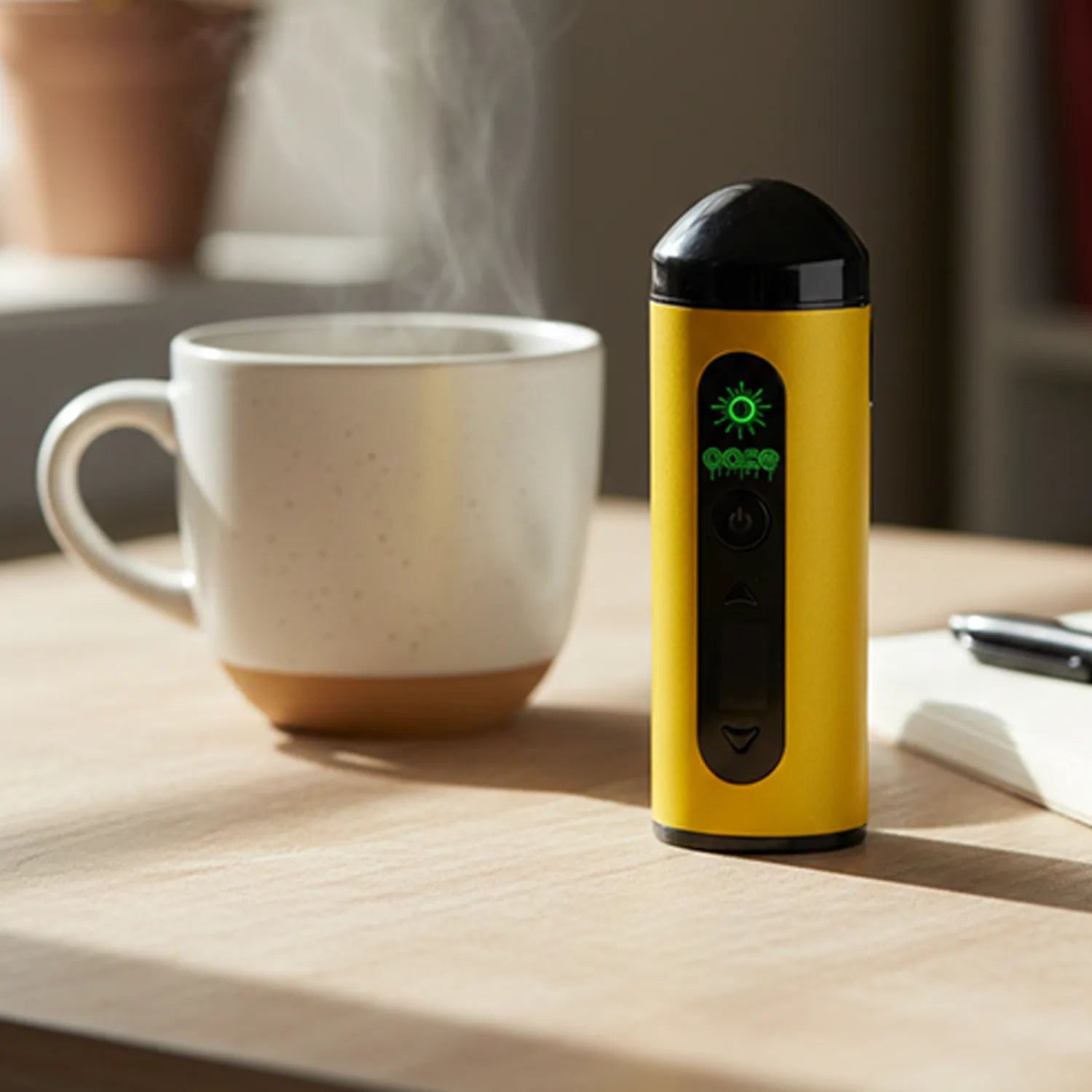 Close-up of the yellow Ooze Drought Dry Herb Vaporizer Kit standing upright on a wooden table next to a steaming white mug.