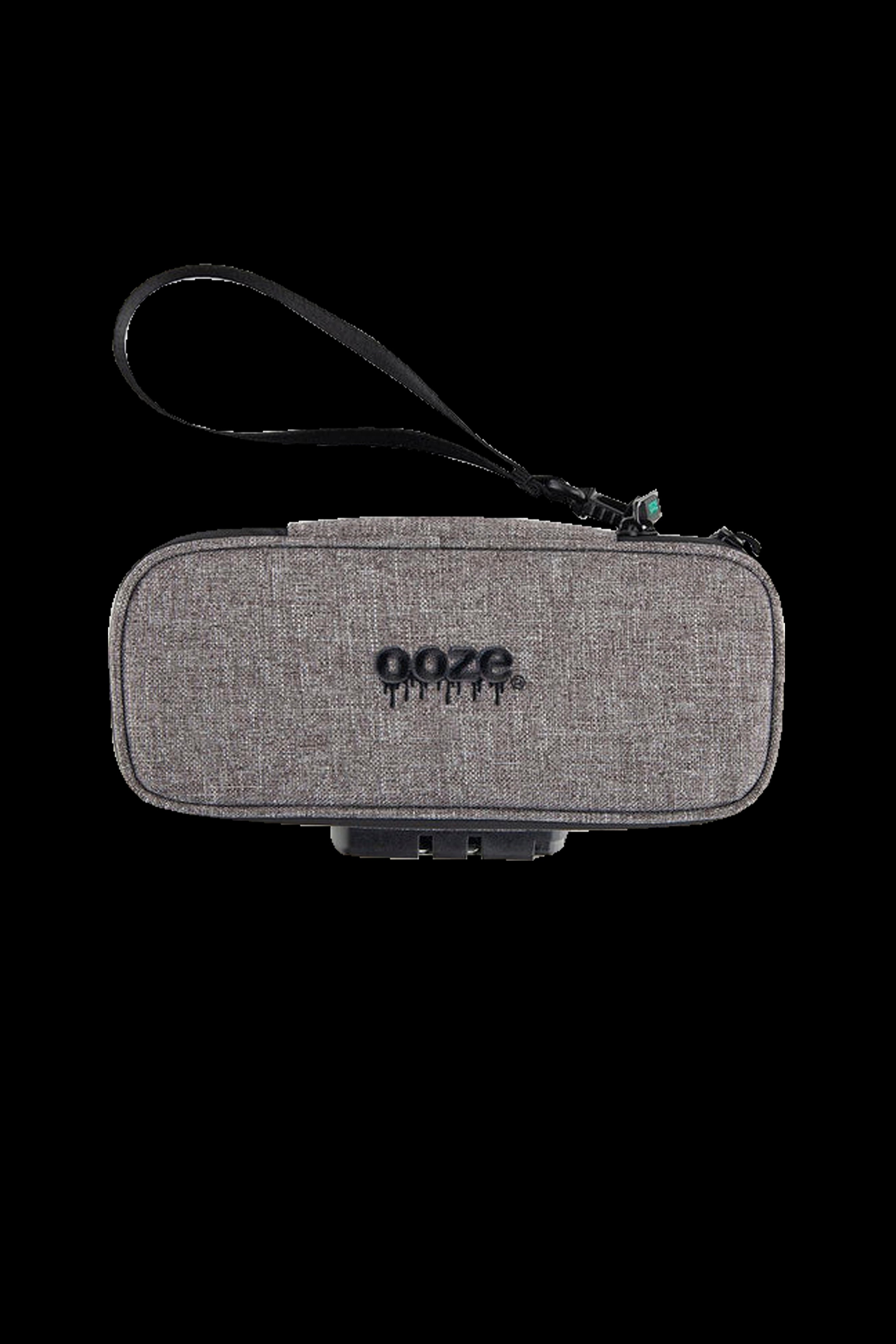 Gray Ooze cannabis accessory case with a black wrist strap, displaying the brand name.