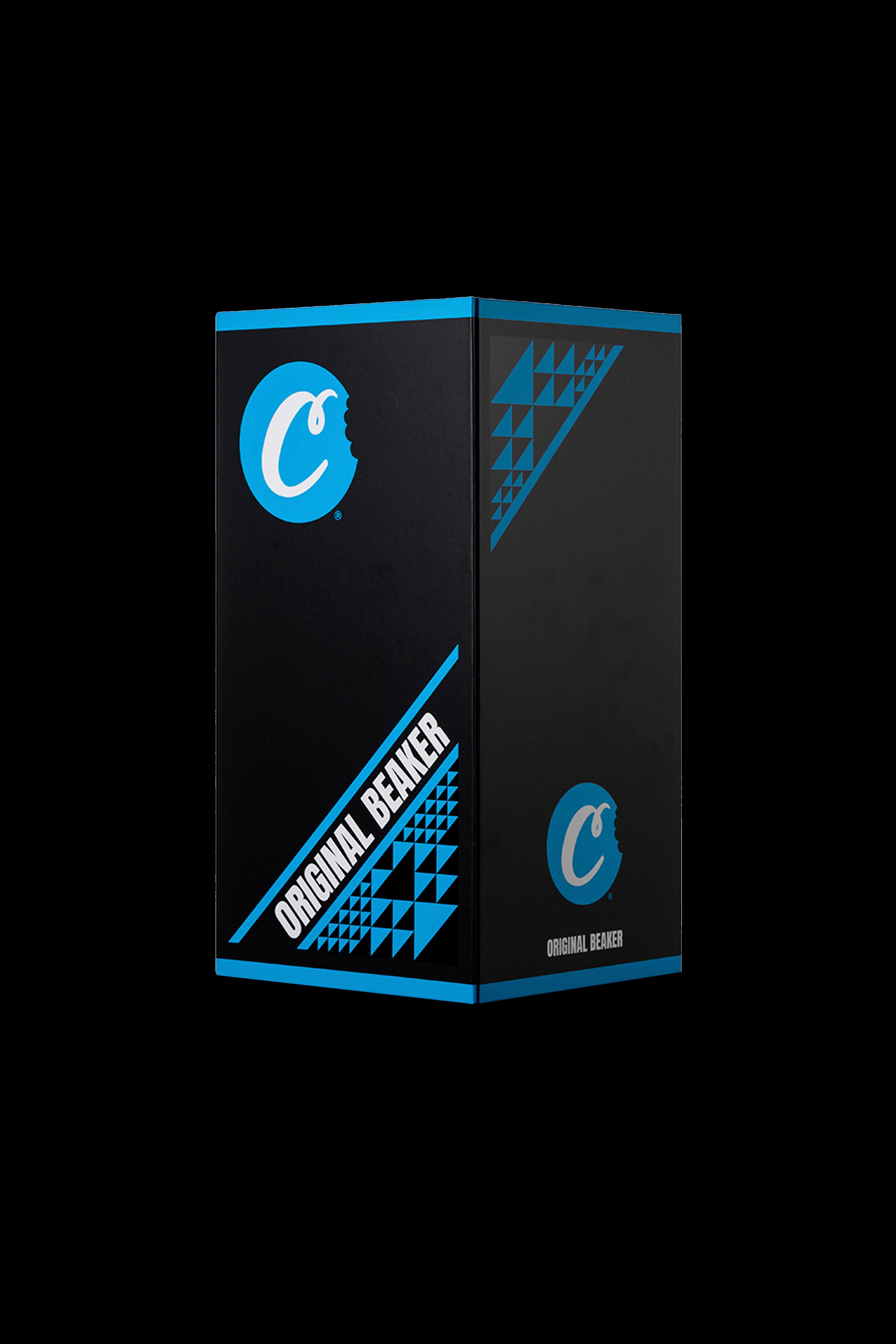 Black box packaging for "Original Beaker" cannabis accessory with blue geometric designs and logo.