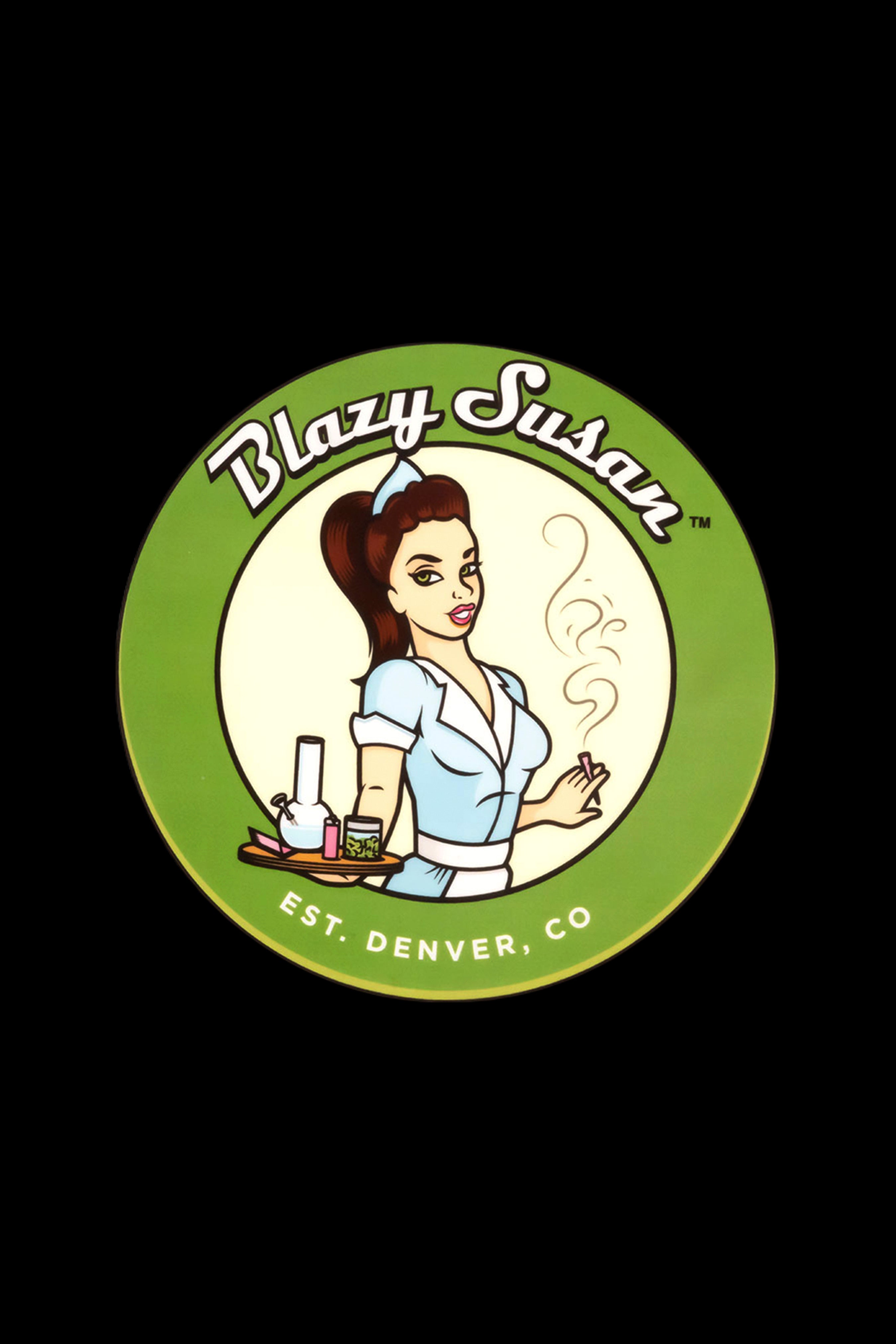 Retro-style logo for “Blazy Susan” featuring a vintage-style waitress holding cannabis accessories, with “EST. DENVER, CO” at the bottom.