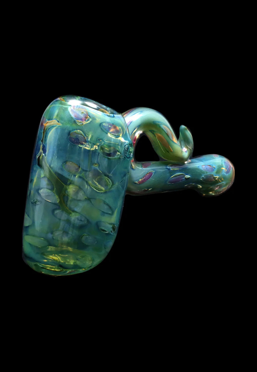 Angled close-up of the Smoke Cartel Gold Fume Bubble Trap Hammer Bubbler - 6 in., showing its iridescent green-blue glass with raised bubble textures against a black background