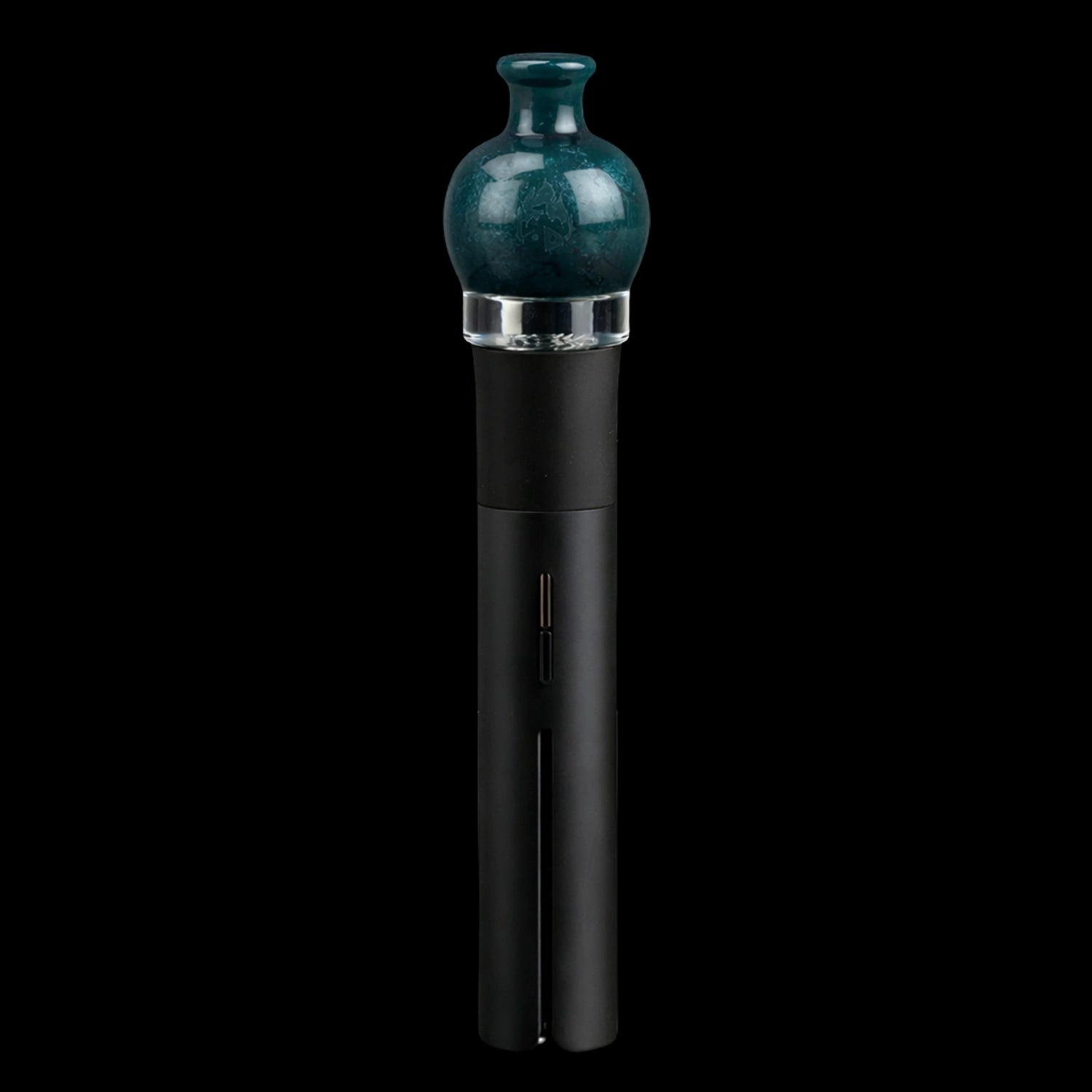 Close-up front view of the Empire Glassworks Puffco Pivot Glass Mouthpiece - Blue Lagoon seated atop a black Pivot stem.