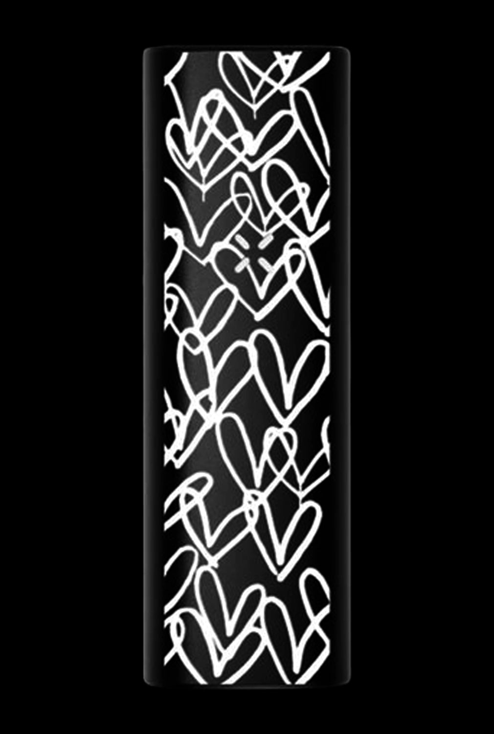 Tall front-facing shot of the Pax Mini Vaporizer showing a black body covered in hand-drawn white heart doodles against a black background