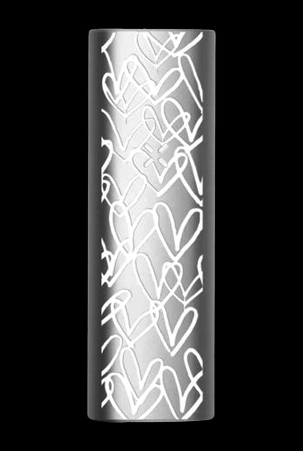 Vertical close-up of a Poppy Pax Mini Vaporizer showing a cylindrical body with white hand‑drawn heart doodles on a glossy dark background.