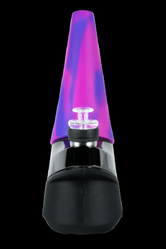 Black electronic dab rig with a glowing purple and blue glass bubbler.