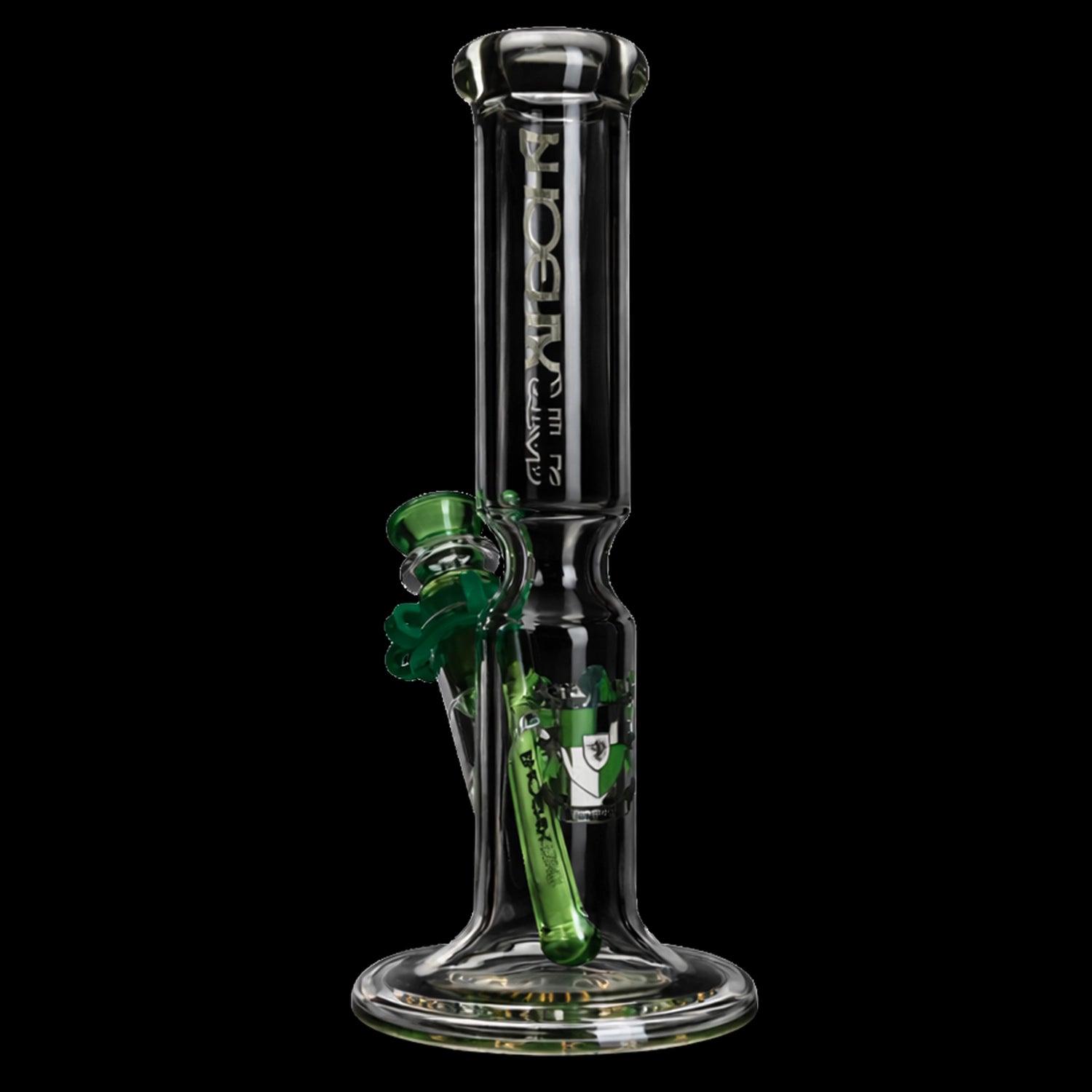 Centered front view of the Green Flower Phoenix Star Straight 10 Inches Bong showing its clear glass neck and green glass bowl and downstem against a black background.