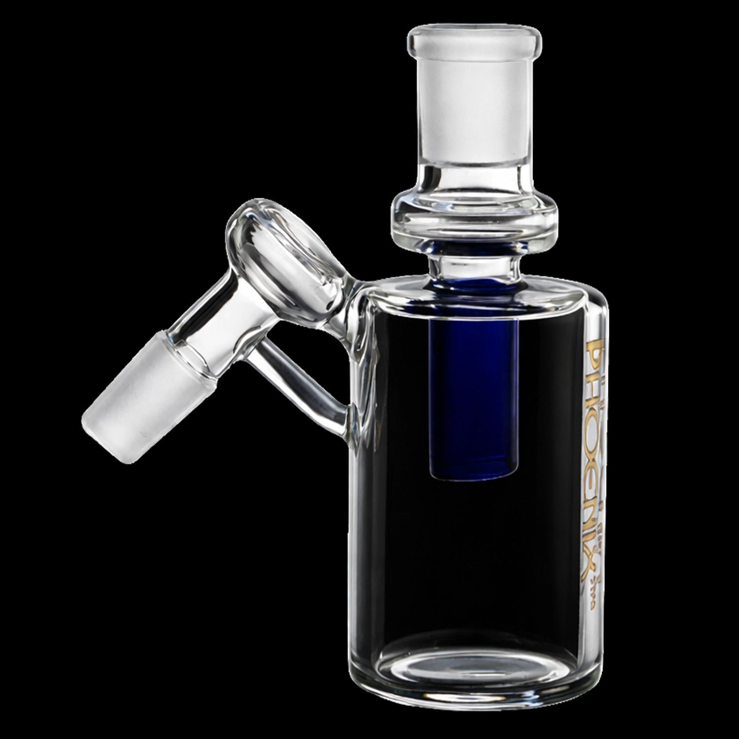 Close-up 45° view of the Green Flower Phoenix Star Perclrss Ash Catcher showing its clear glass joint and glossy black body with a deep blue internal tube against a black background