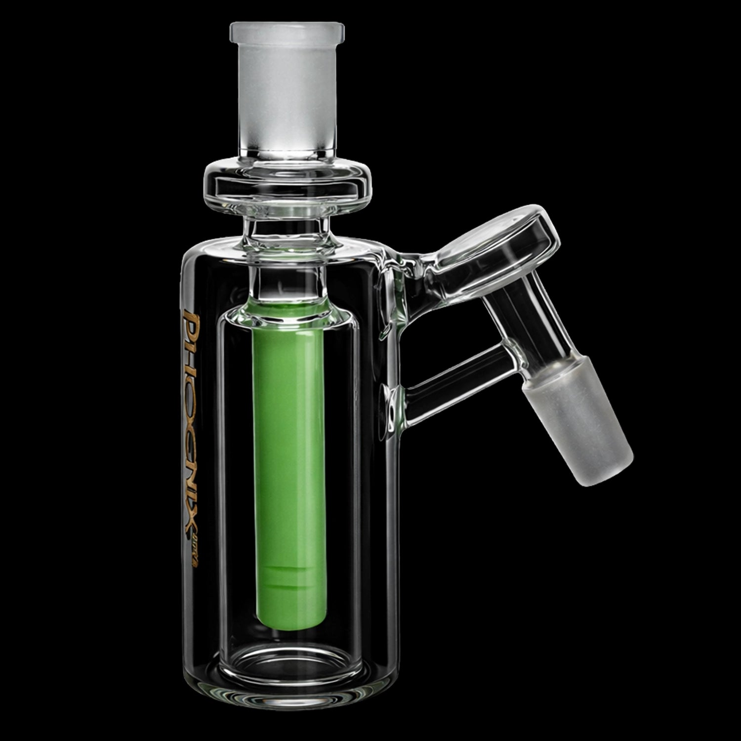 Close-up 45° view of the Green Flower Phoenix Star Recylcer Ash Catcher With Inline Perc showing a vertical green inner tube and clear glass joint against a black background