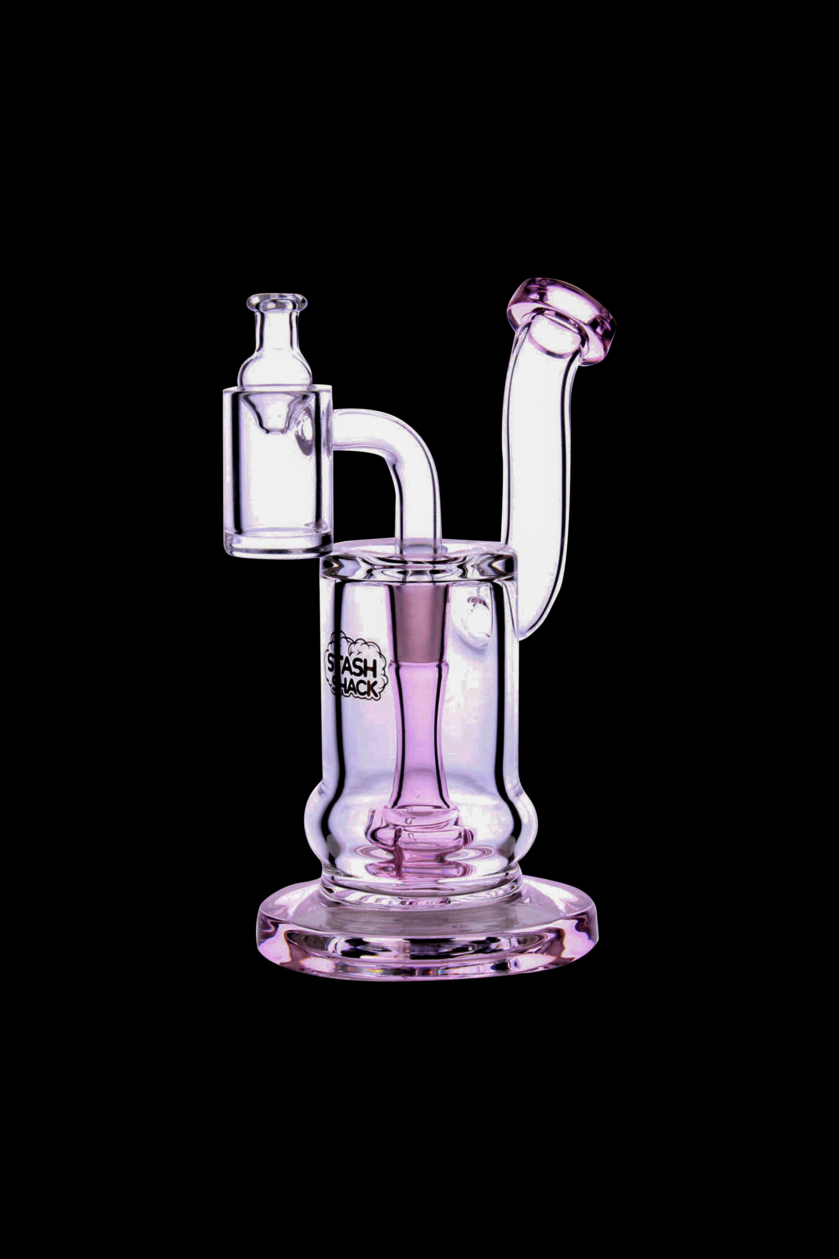 Pink glass water pipe (rig) with a bubbler and detachable mouthpiece, branded "Stash Shack."