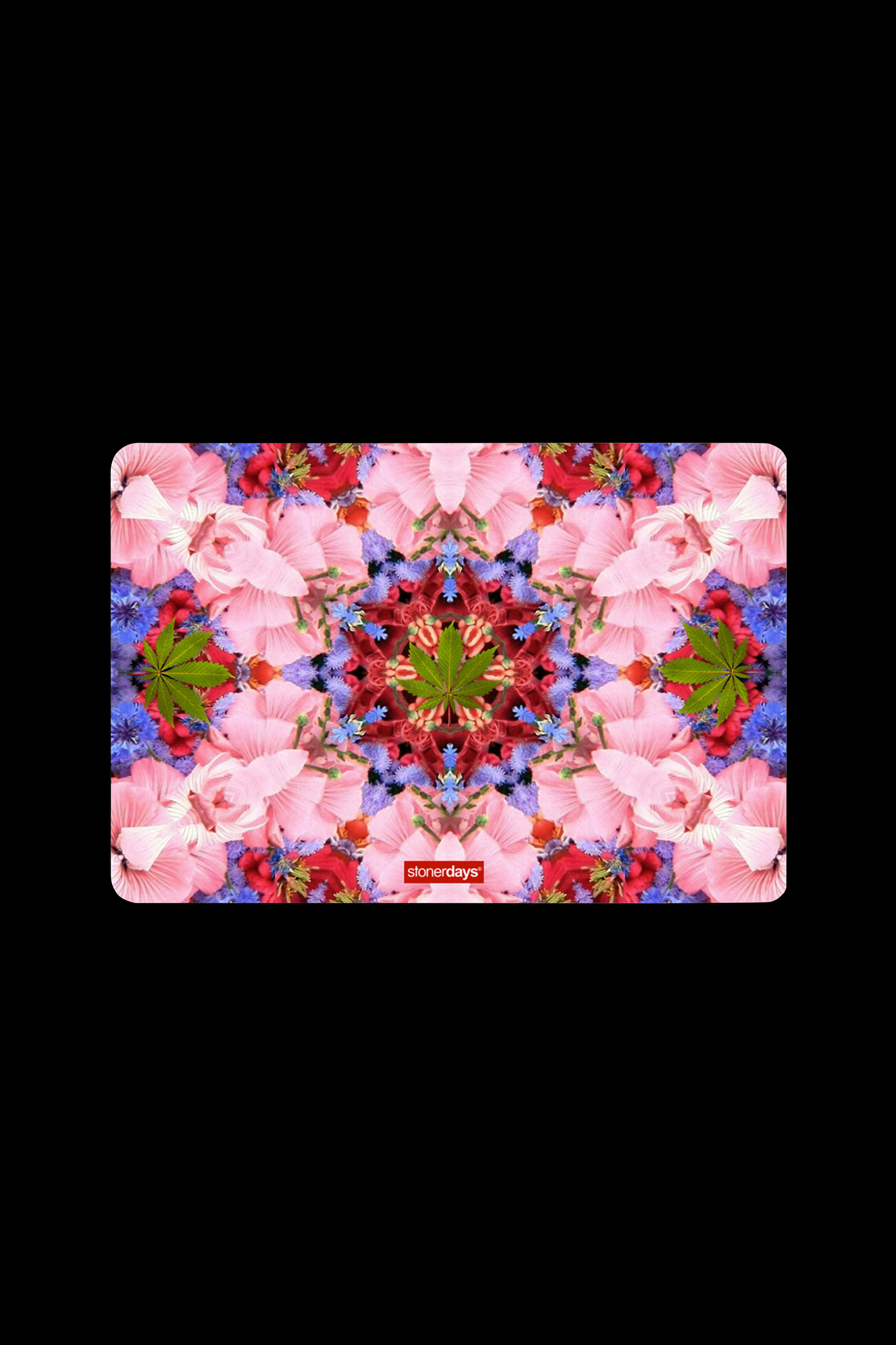 Floral cannabis-themed mat with a symmetrical design and “Stonedays” logo.
