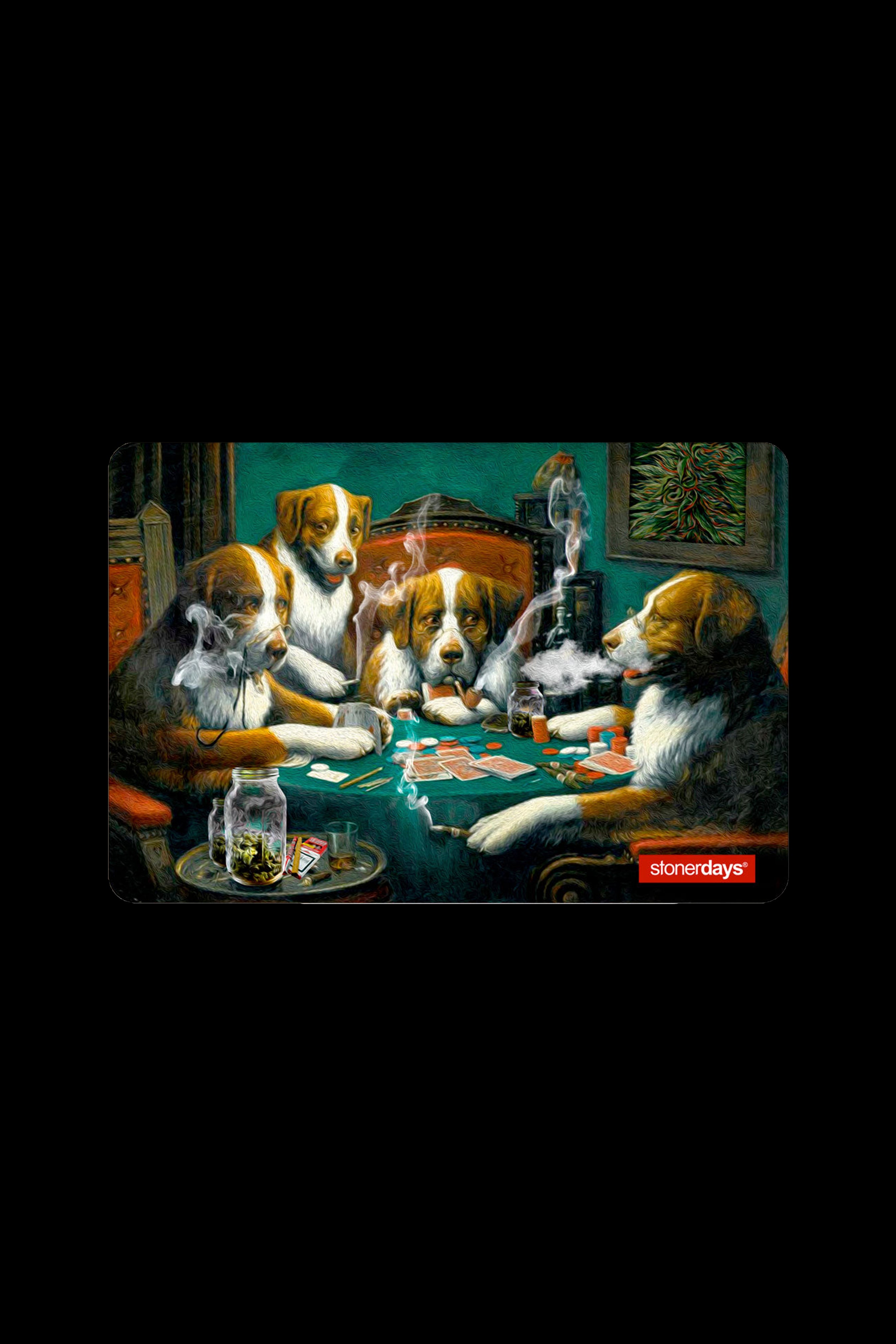 Dogs playing poker around a table with a cannabis jar, promoting “stonerdays” accessories.