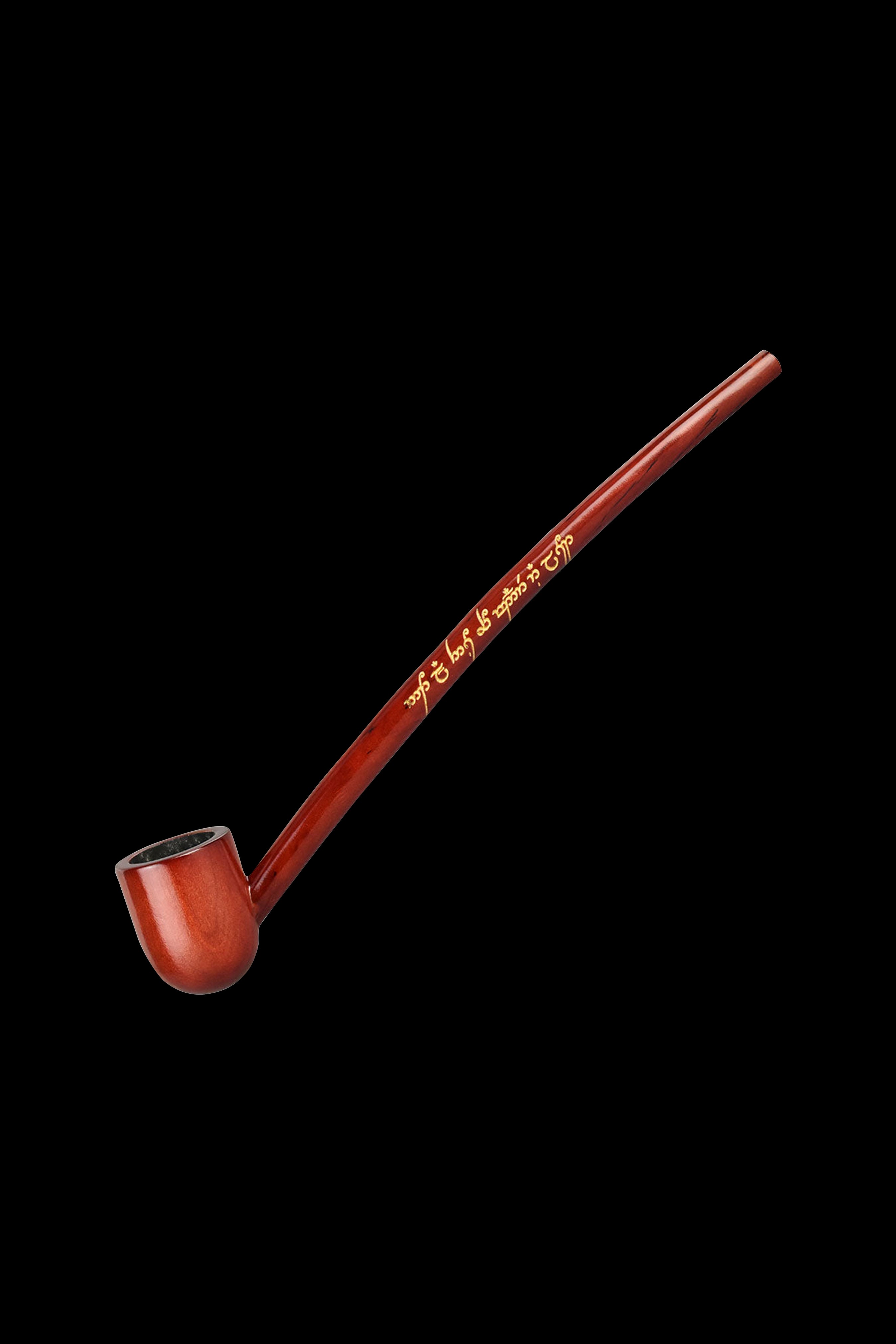 A dark brown wooden pipe with a curved stem, isolated on a black background.