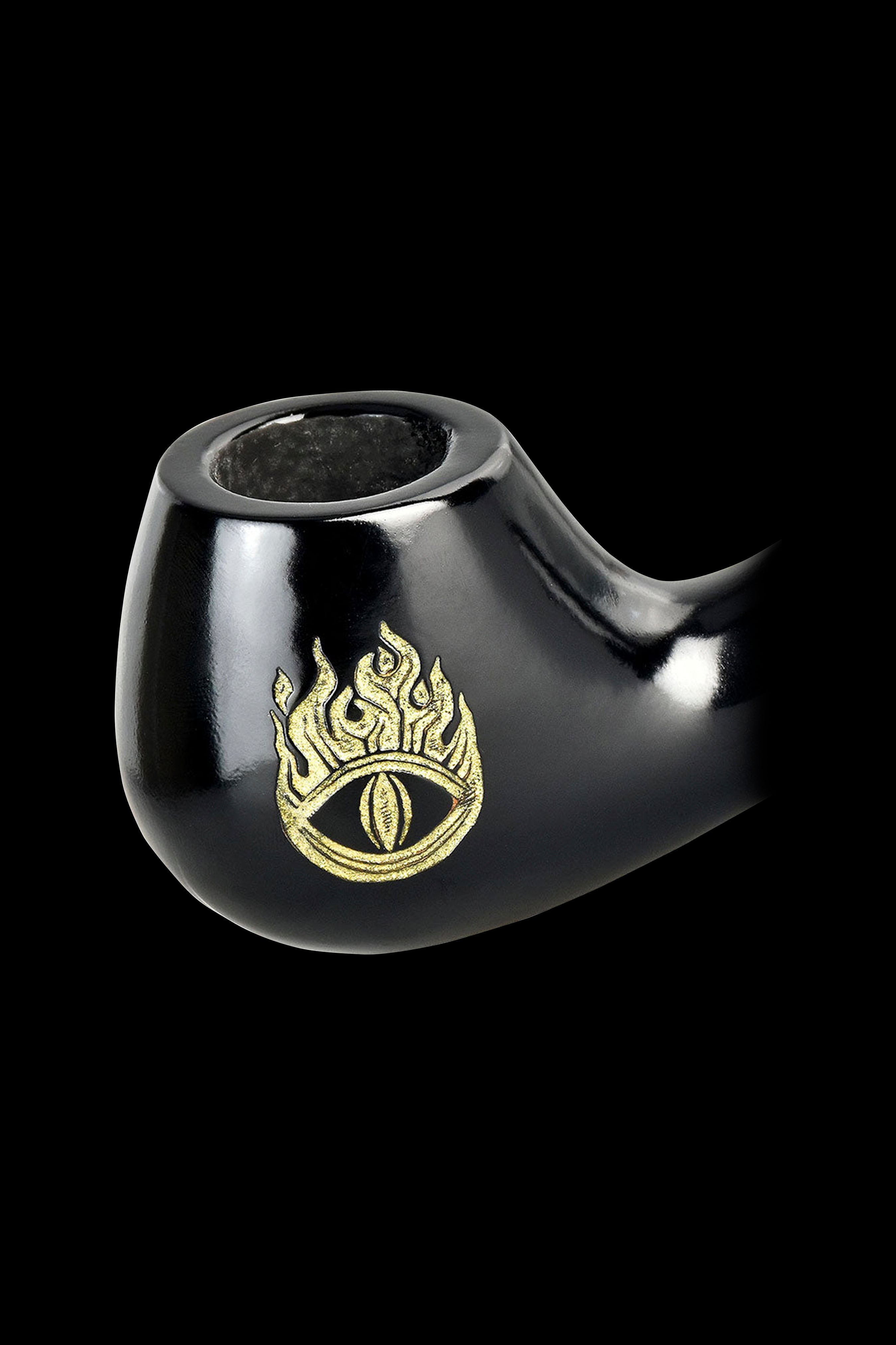 Black glass pipe with a gold all-seeing eye design.