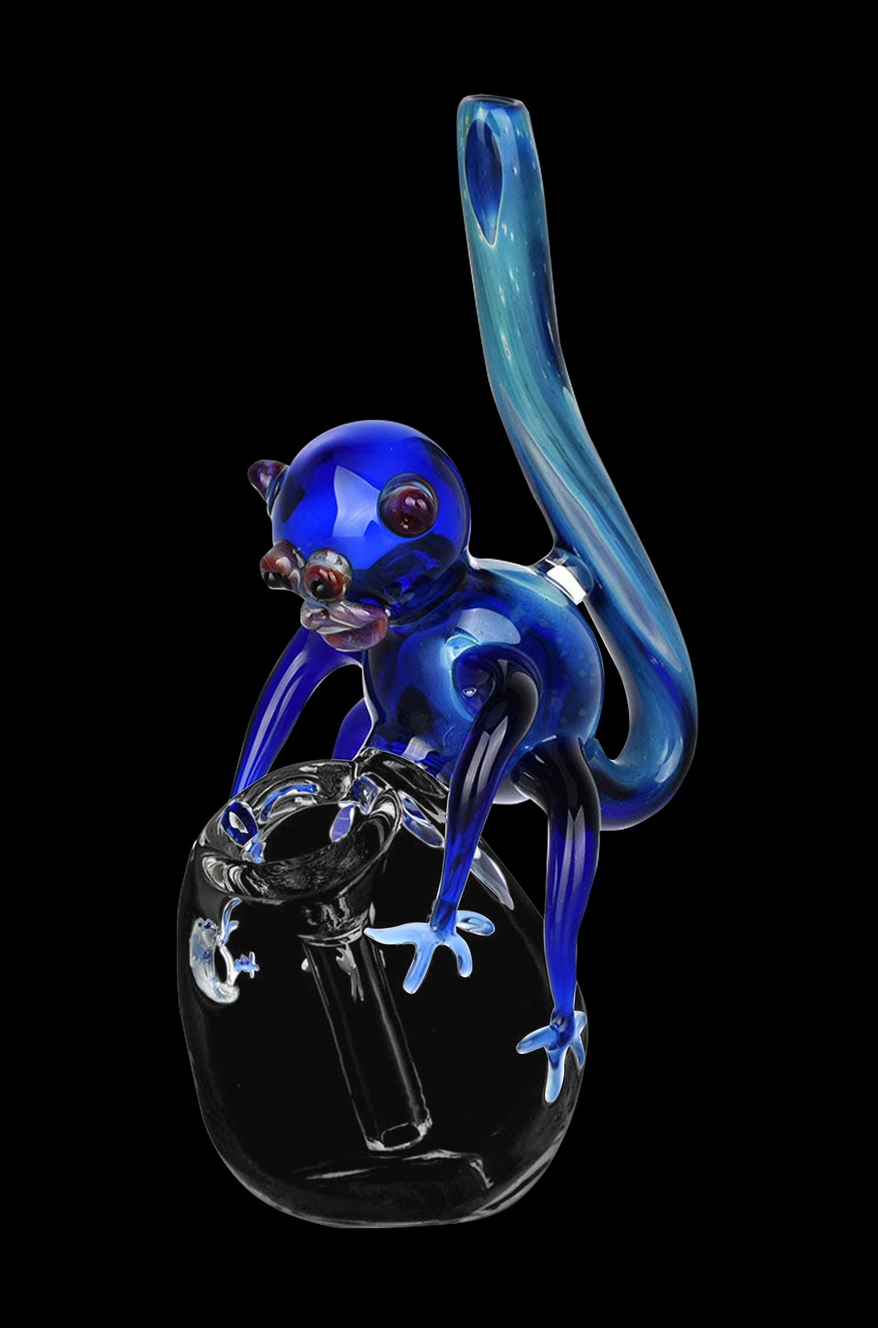 Blue glass monkey-shaped cannabis water pipe against a black background.