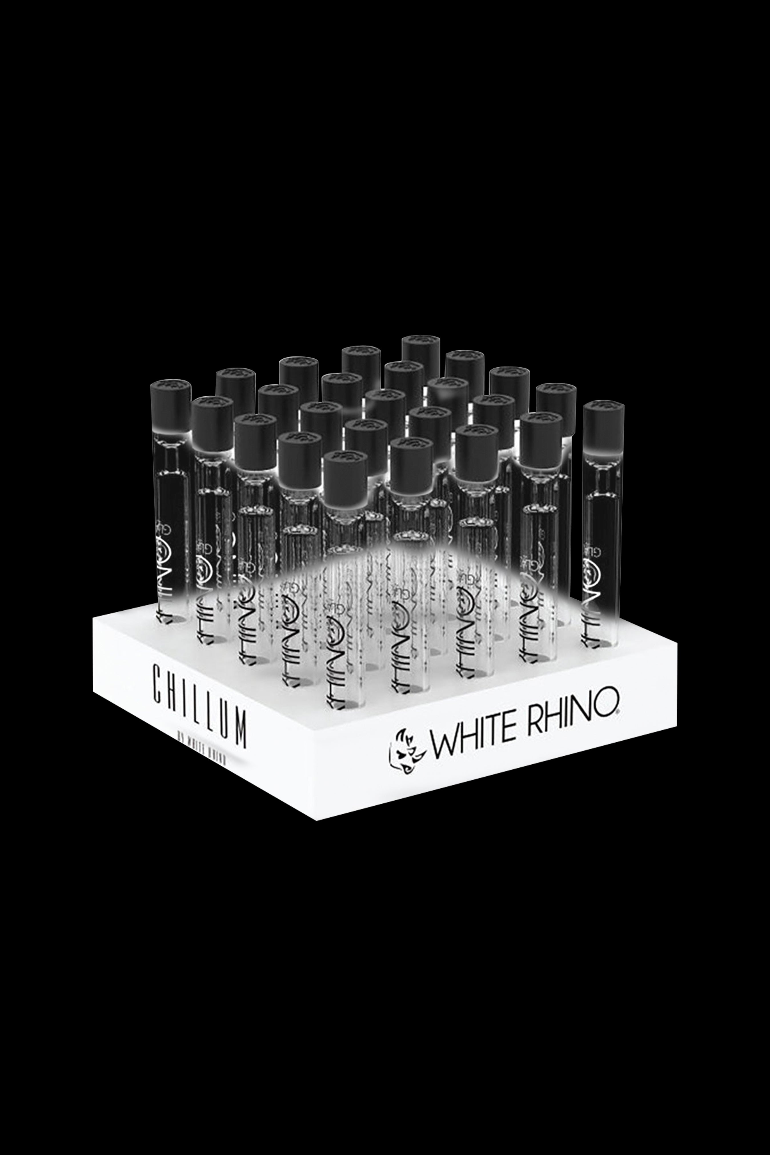 Display of “Chillum” and “White Rhino” branded cannabis oil cartridges on a white riser.