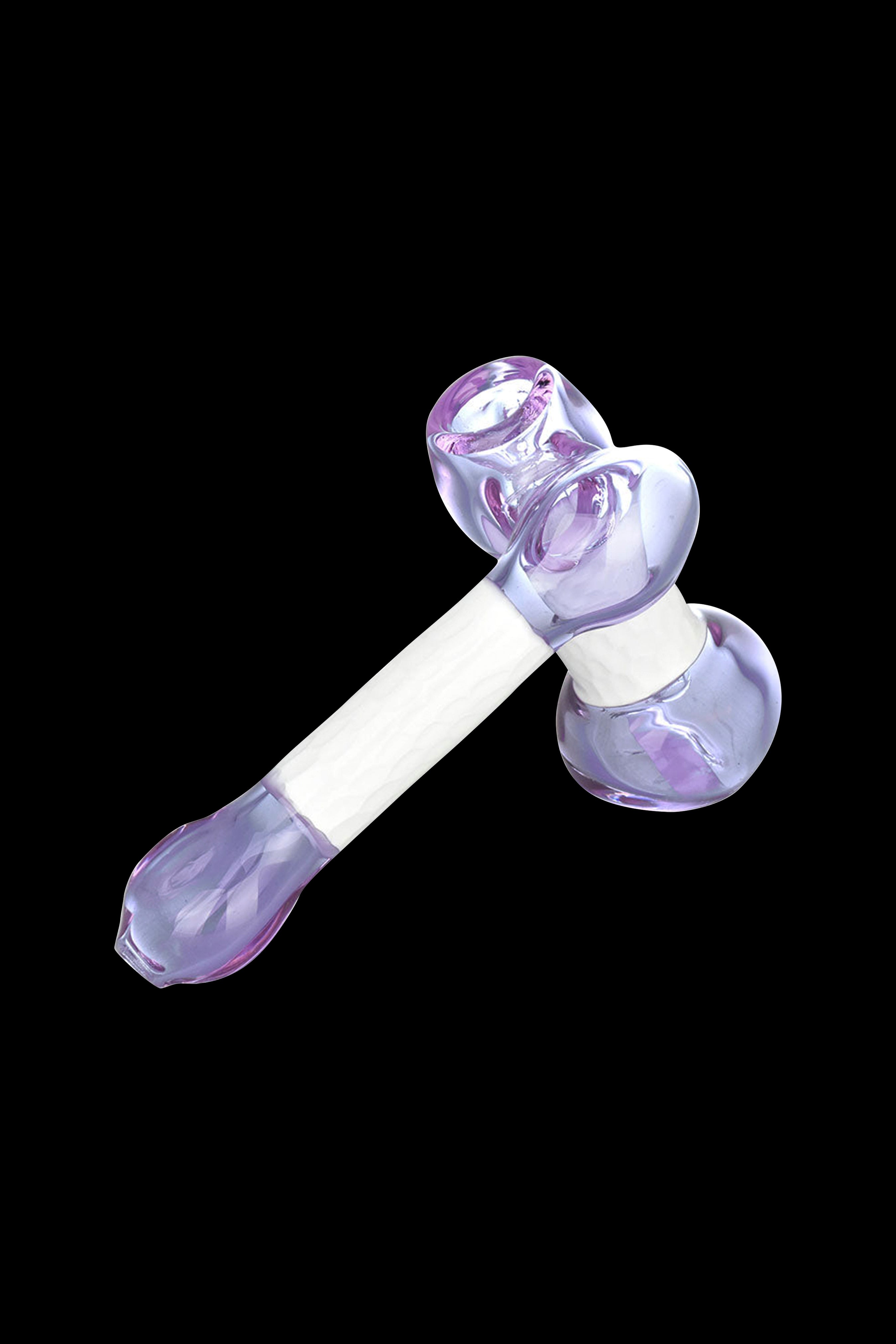 Purple glass bubbler with spherical chambers and a white mouthpiece.