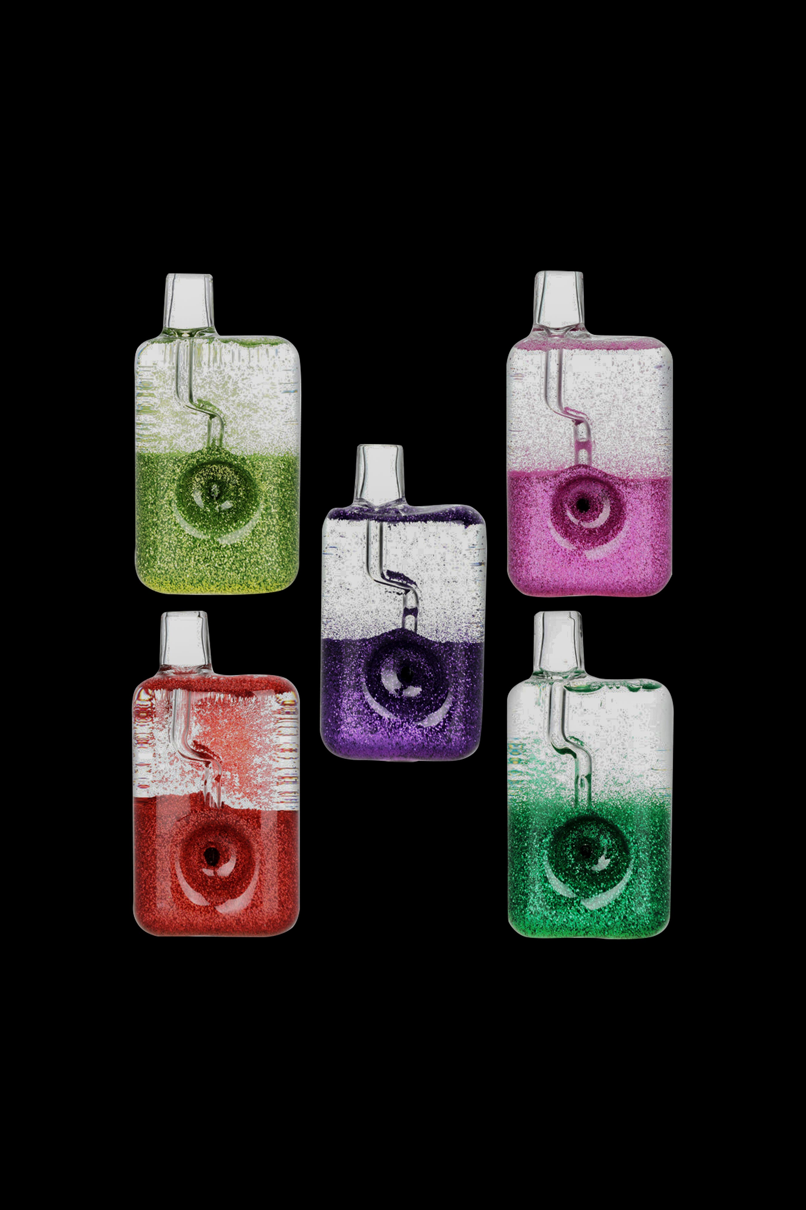 Five colorful glass bubblers with glitter-filled chambers against a black background.