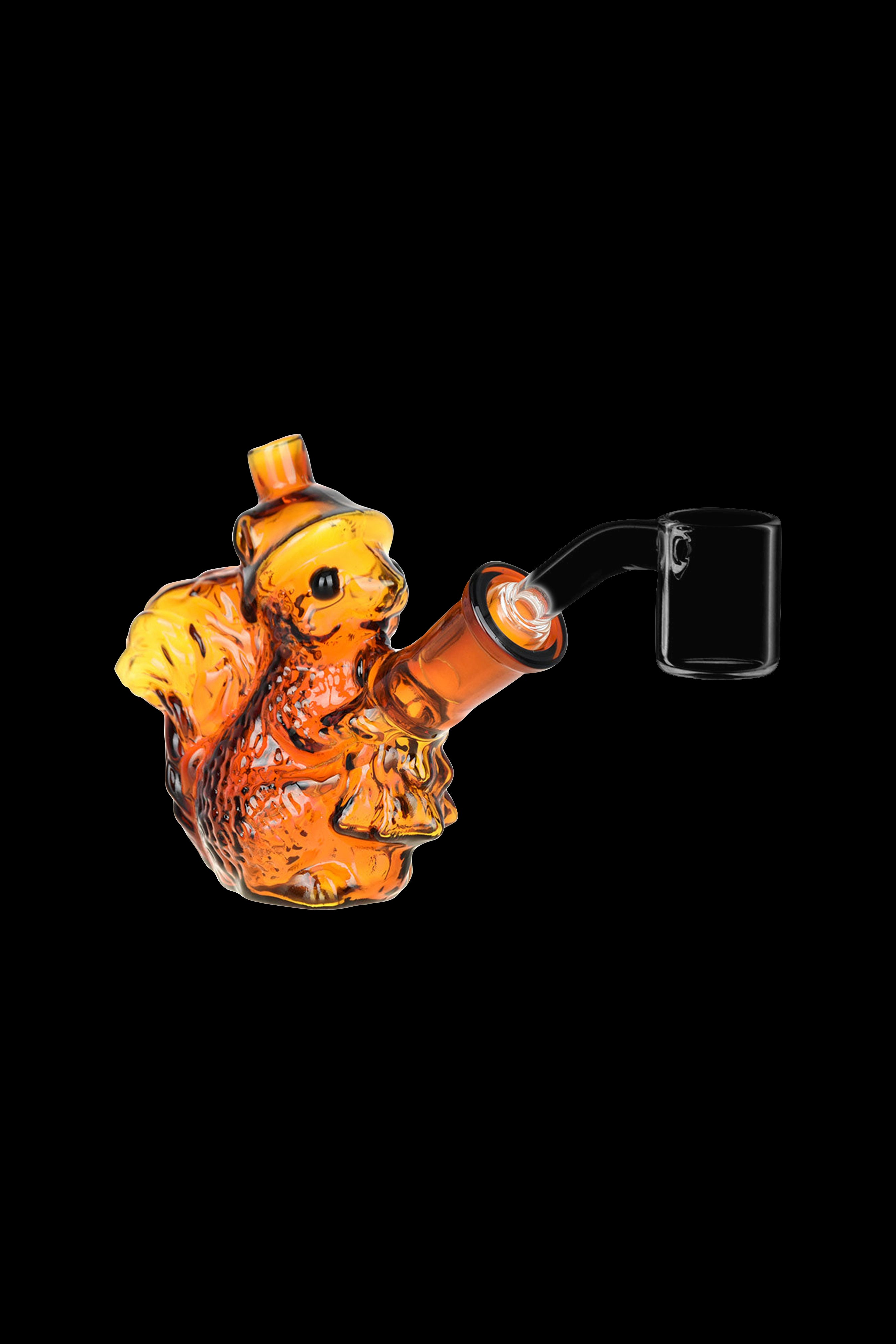Orange glass squirrel-shaped bubbler with a glass bowl.