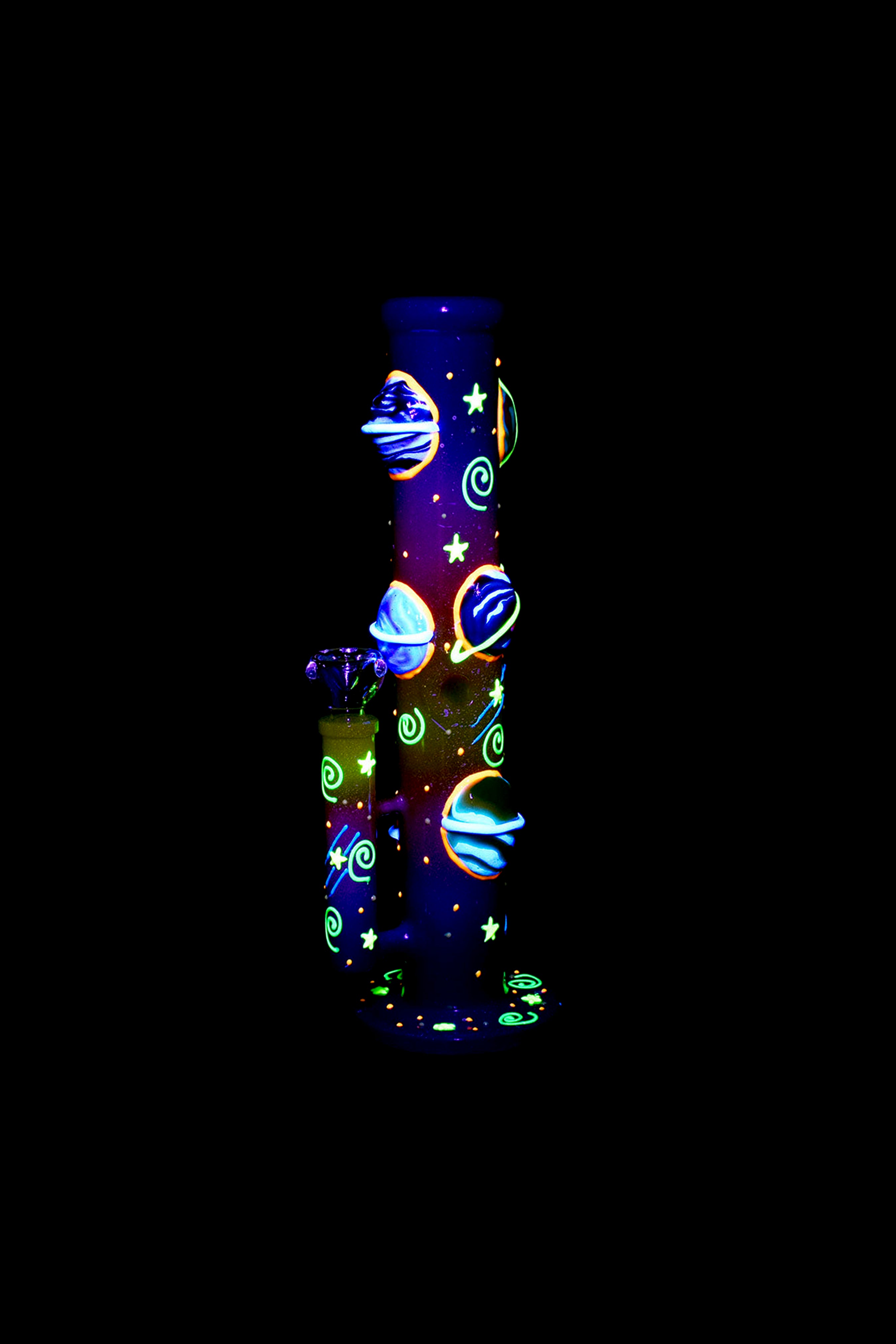 A colorful, psychedelic glass pipe with a space theme featuring planets and stars.