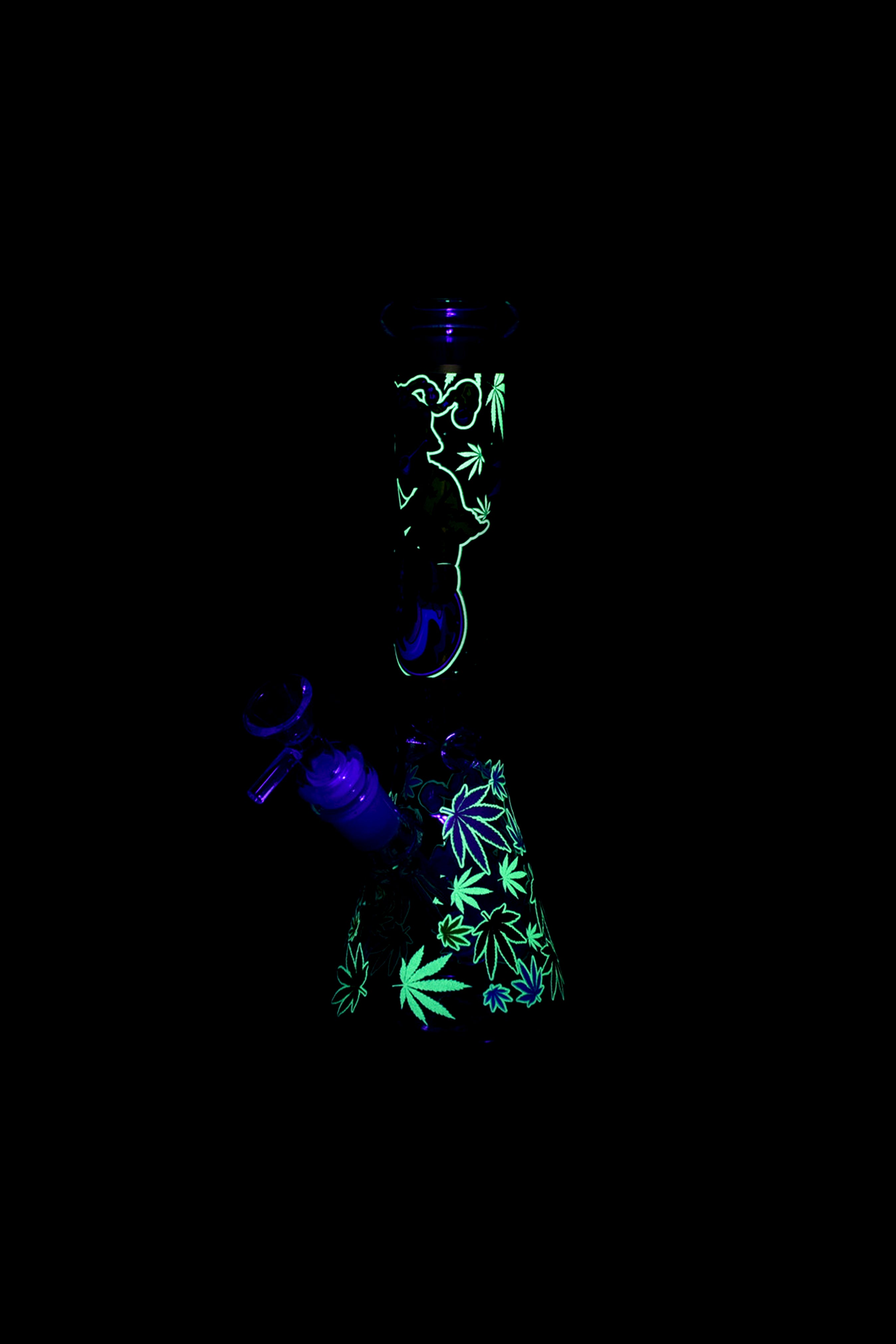 Neon cannabis leaf and vapor illustration of a woman smoking.
