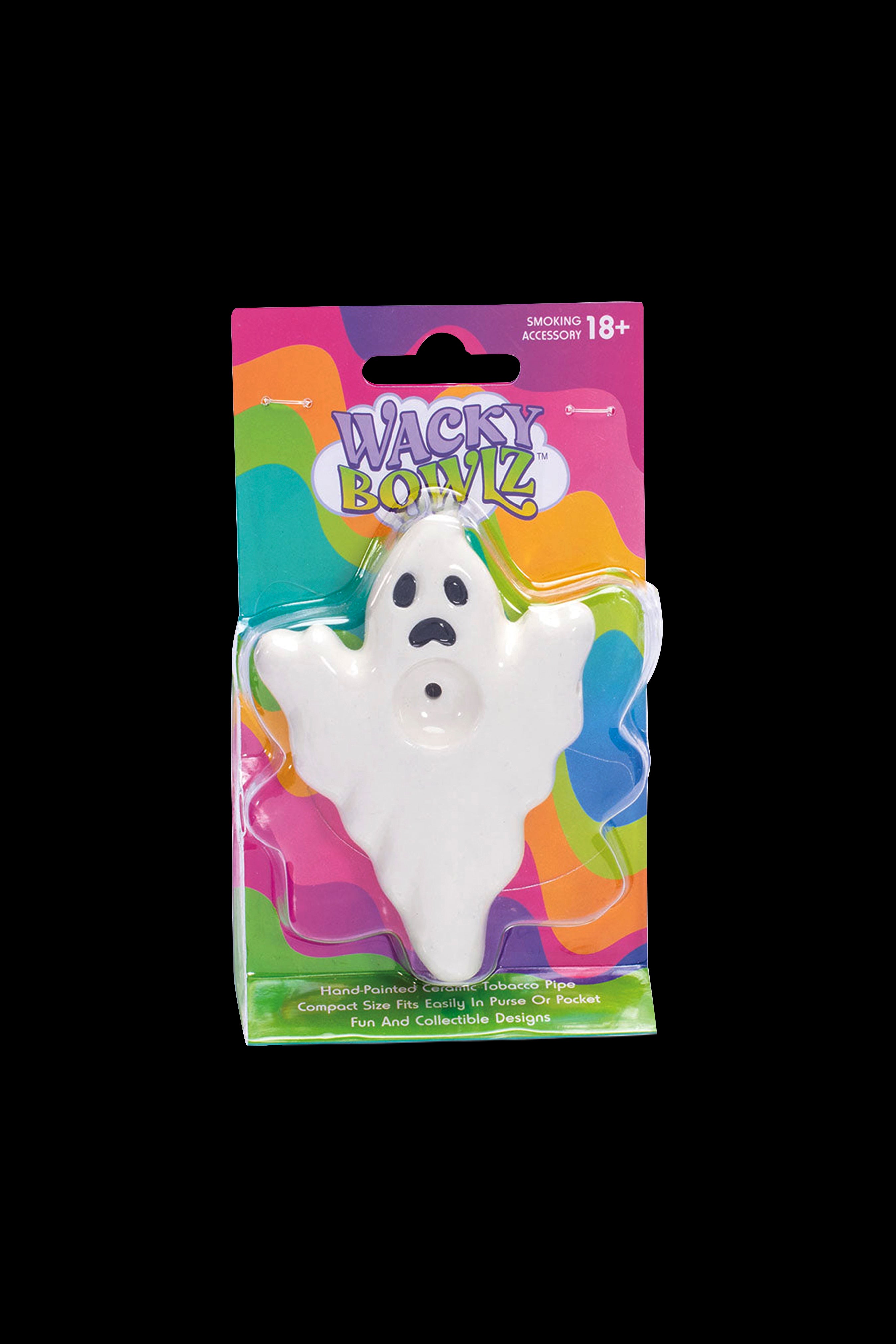 A plastic package containing a white ceramic ghost-shaped pipe, marketed as a "Wacky Bowlz" smoking accessory.