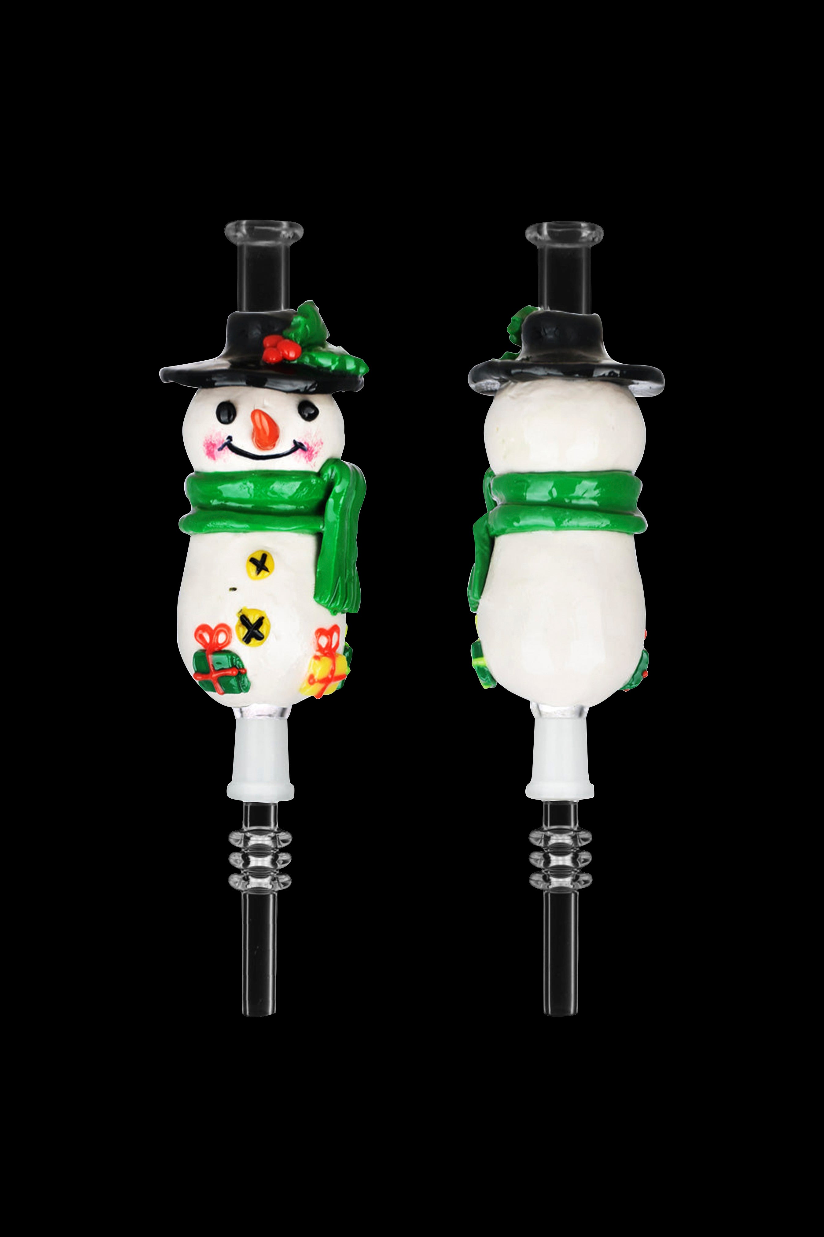 Glass oil rig attachment shaped like a snowman with green scarf and hat, displayed from front and side views on a black background.