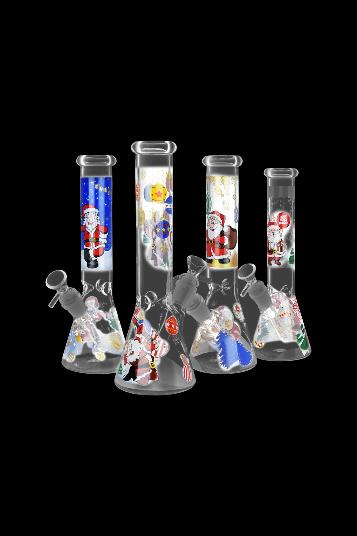 Assorted glass bongs decorated with festive Christmas designs.