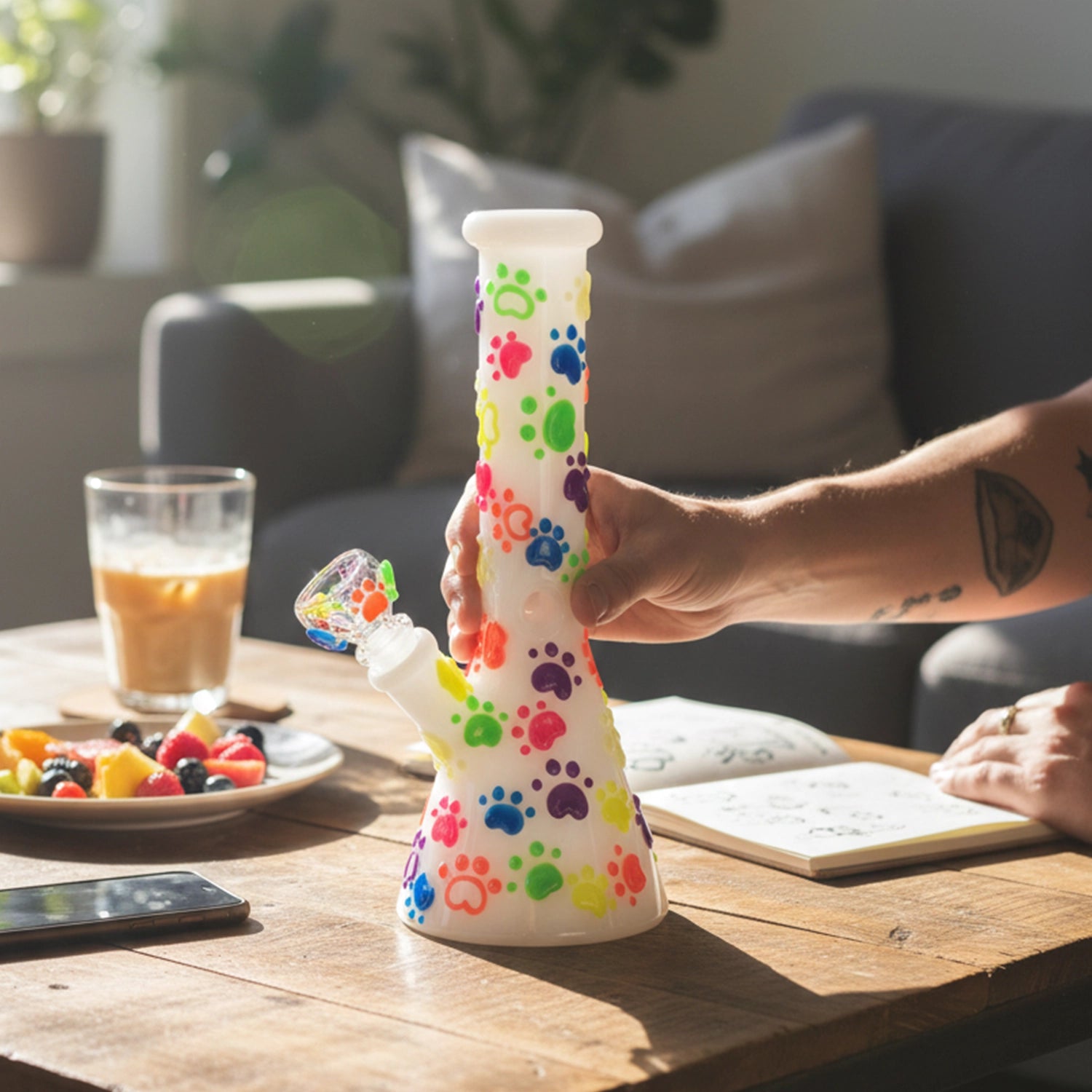 Hand holding a white Paws for the Cause Glow in Dark Beaker Bong decorated with colorful paw prints on a sunlit wooden table