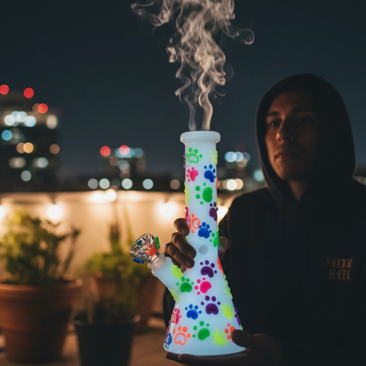 Nighttime rooftop three-quarter view of a glowing Paws for the Cause Glow in Dark Beaker Bong covered in colorful paw prints with smoke rising.