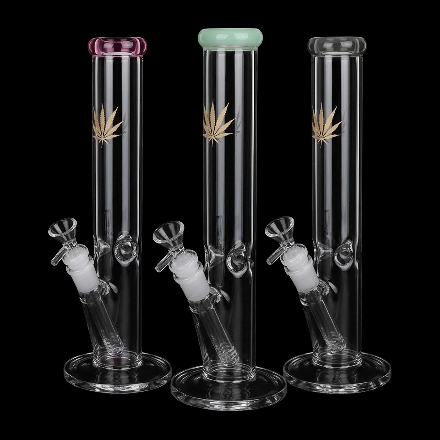 Gold Hemp Leaf Straight Tube Water Pipe - 12" / 14mm F / Colors Vary