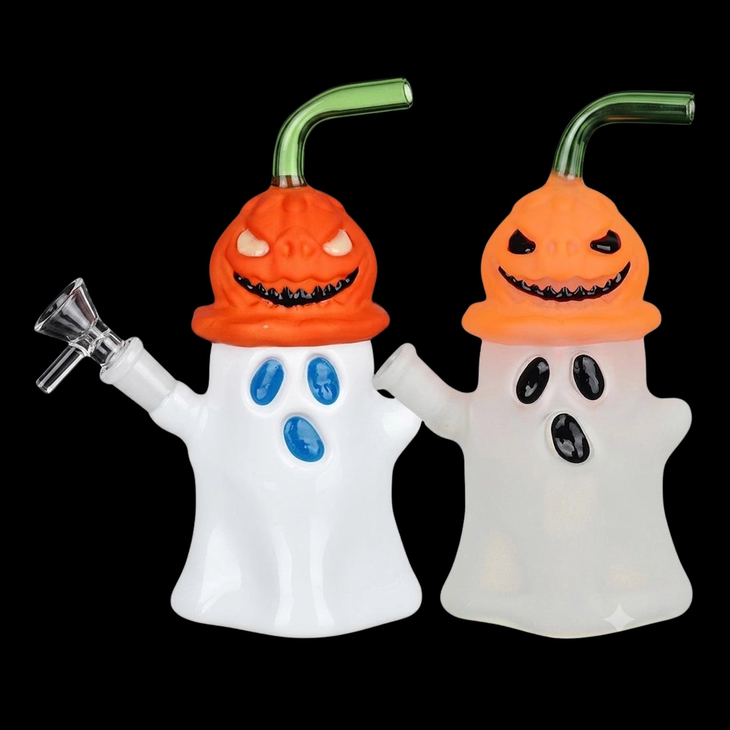 Pumpkin Head Ghost Glow In The Dark Glass Water Pipe - 7.25" / 14mm F / Colors Vary