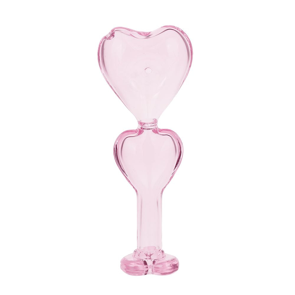 Centered front view of the Pulsar Double Love Glass Hand Pipe - 5.5" showing its translucent pink double-heart shape against a white background