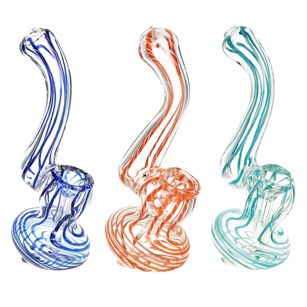 Three colorful glass bubblers for smoking cannabis, shown against a white background.